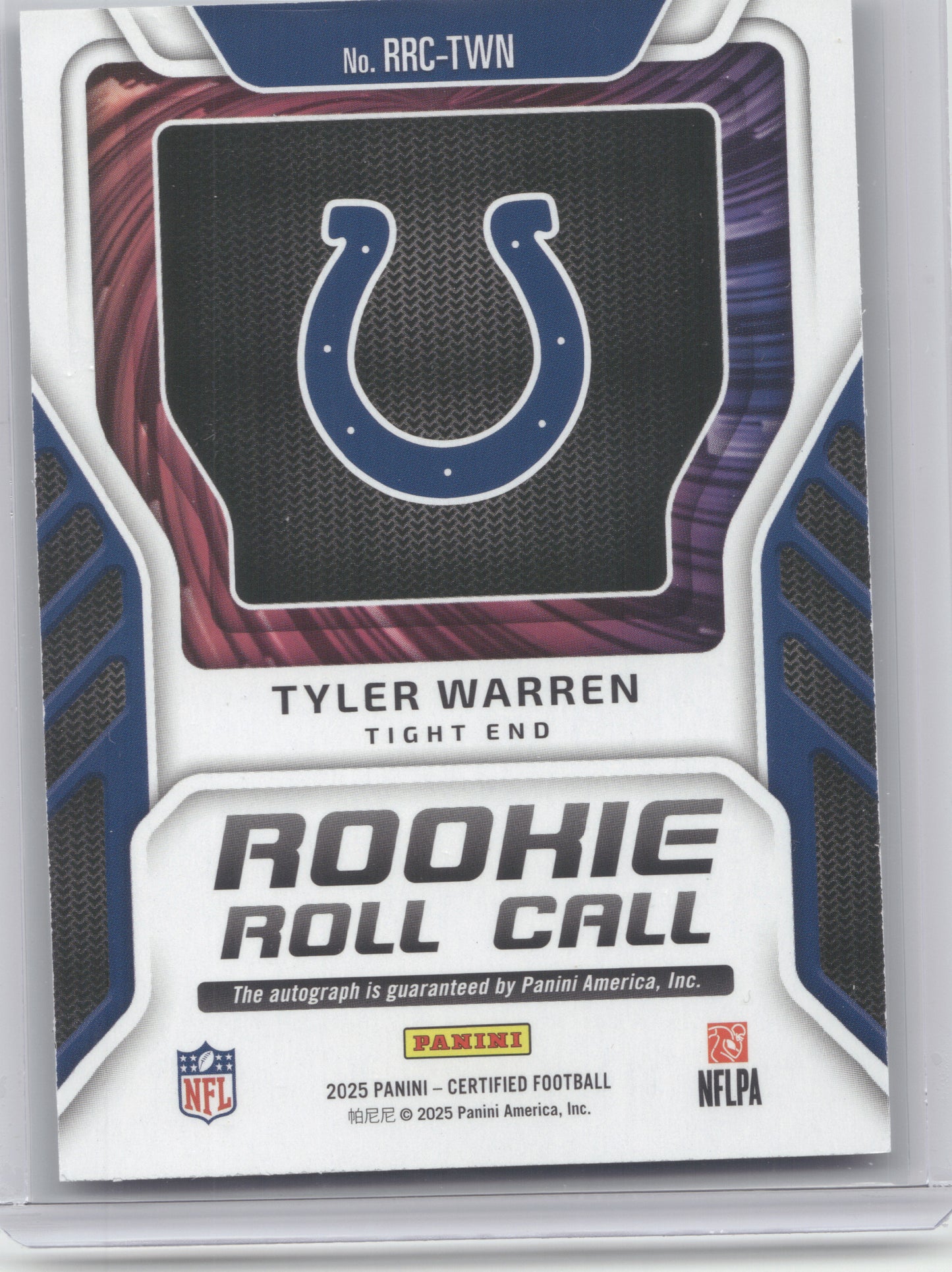 2025 Panini Certified Rookie Roll Call Tyler Warren #RRC-TWN 055/125 RC