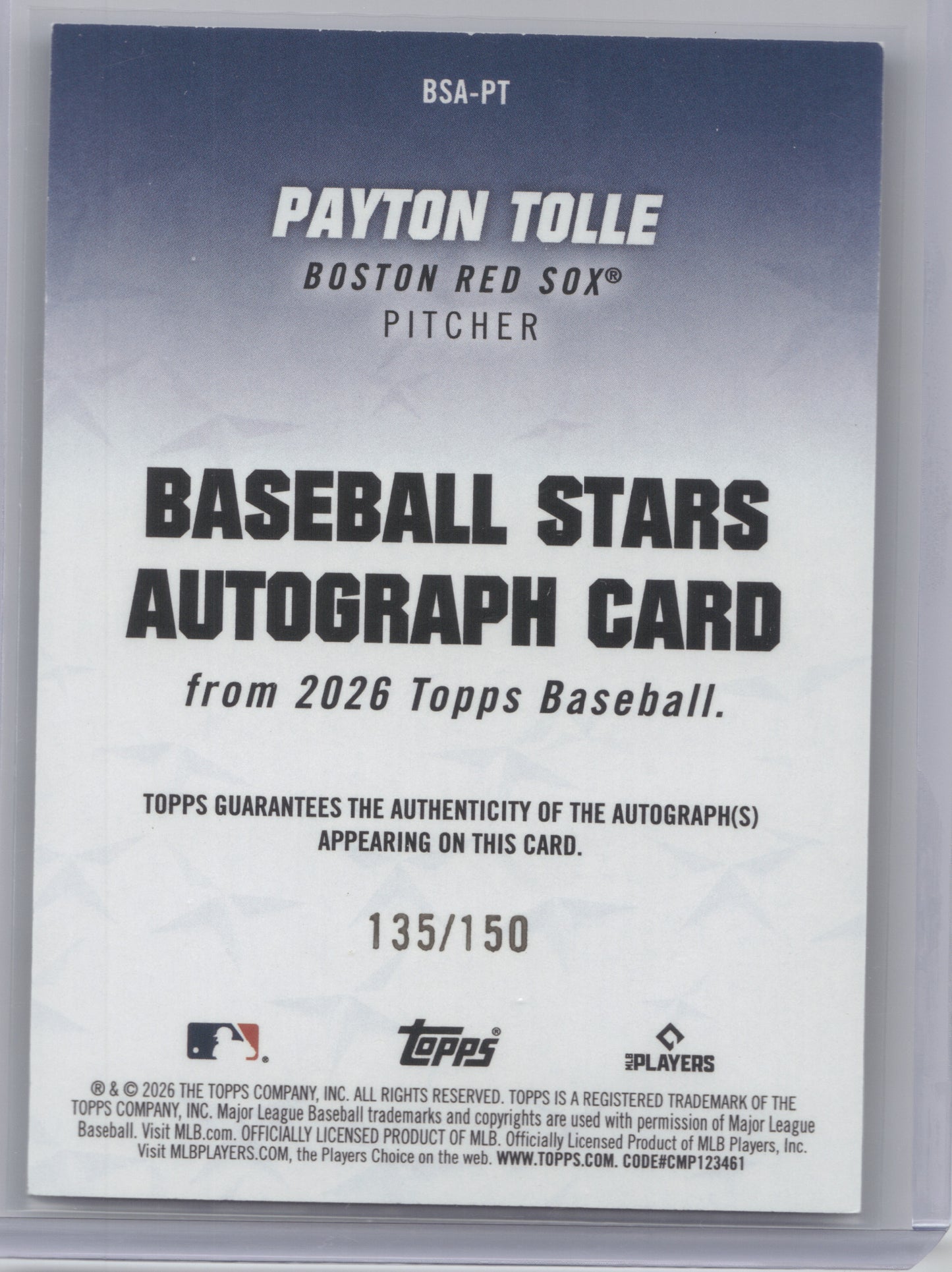 2026 Topps Baseball Stars Autograph Payton Tolle #BSA-PT Blue RC 135/150