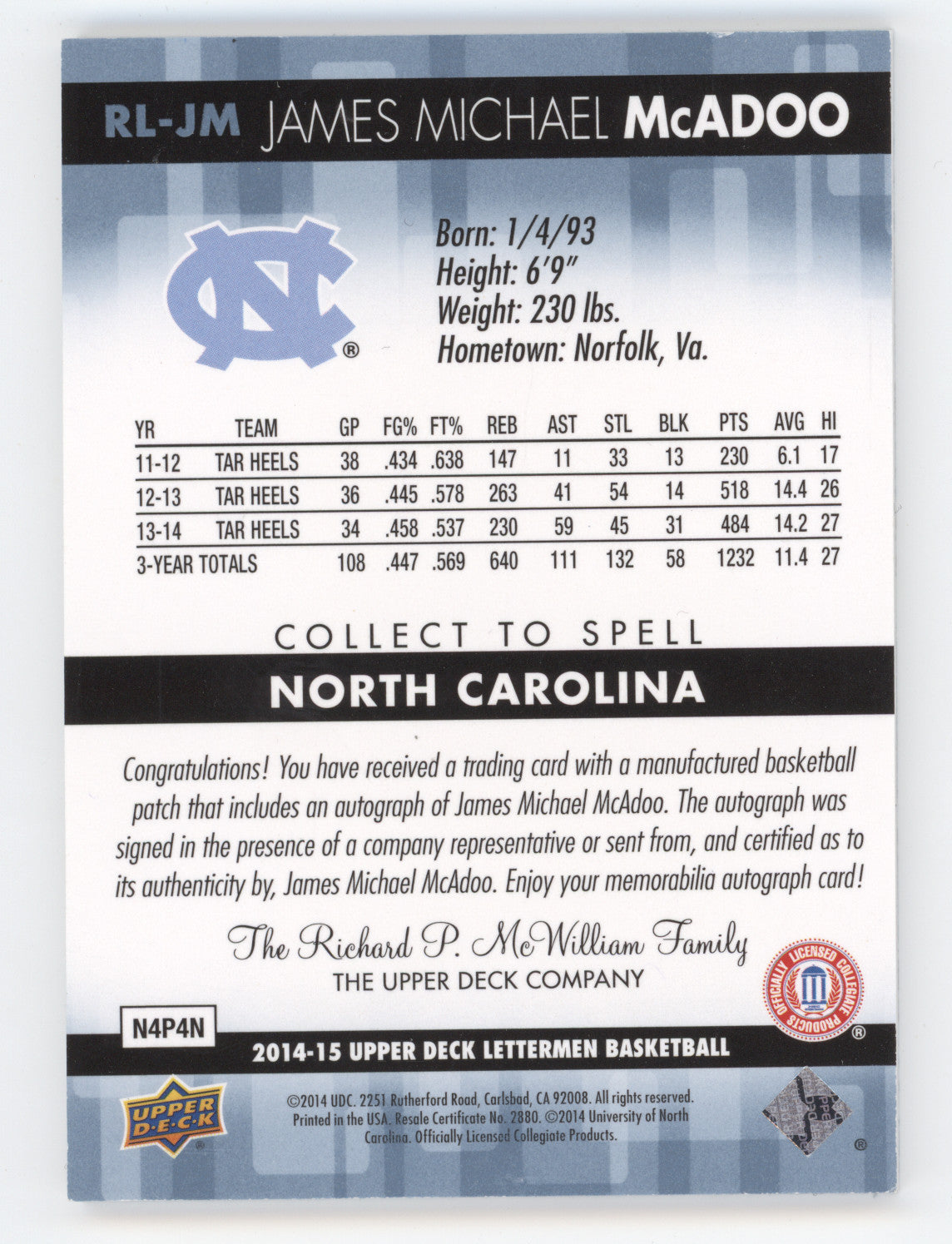 2014 Upper Deck Lettermen James Michael McAdoo #RL-JM Gold Patch Auto 03/25