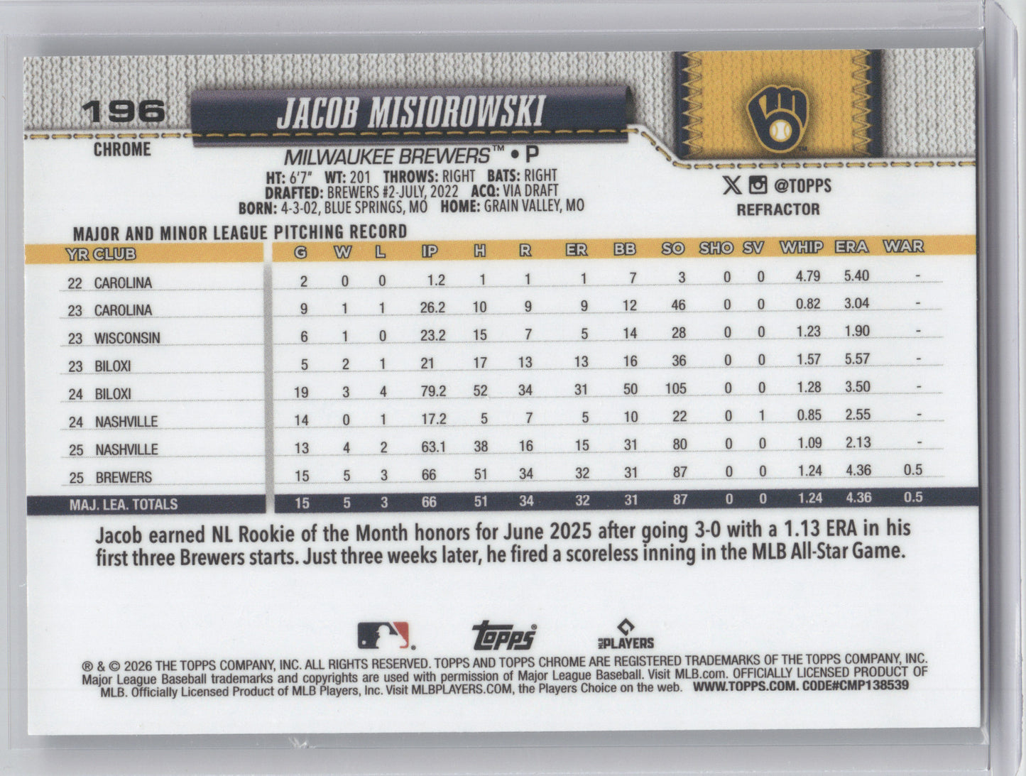2026 Topps Chrome Jacob Misiorowski #196 Refractor RC