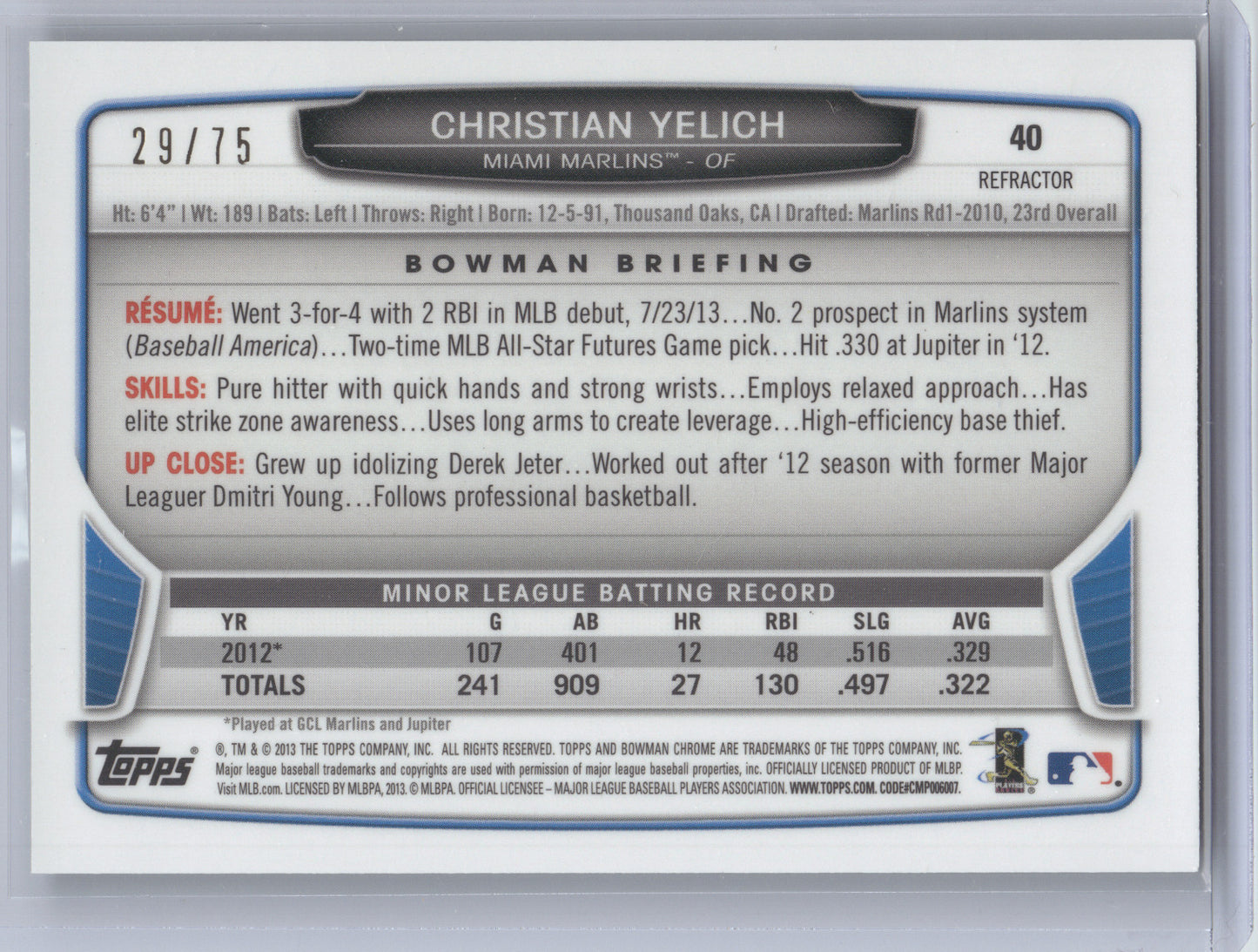 2013 Bowman Chrome Christian Yelich #40 Green Refractor 29/75 RC
