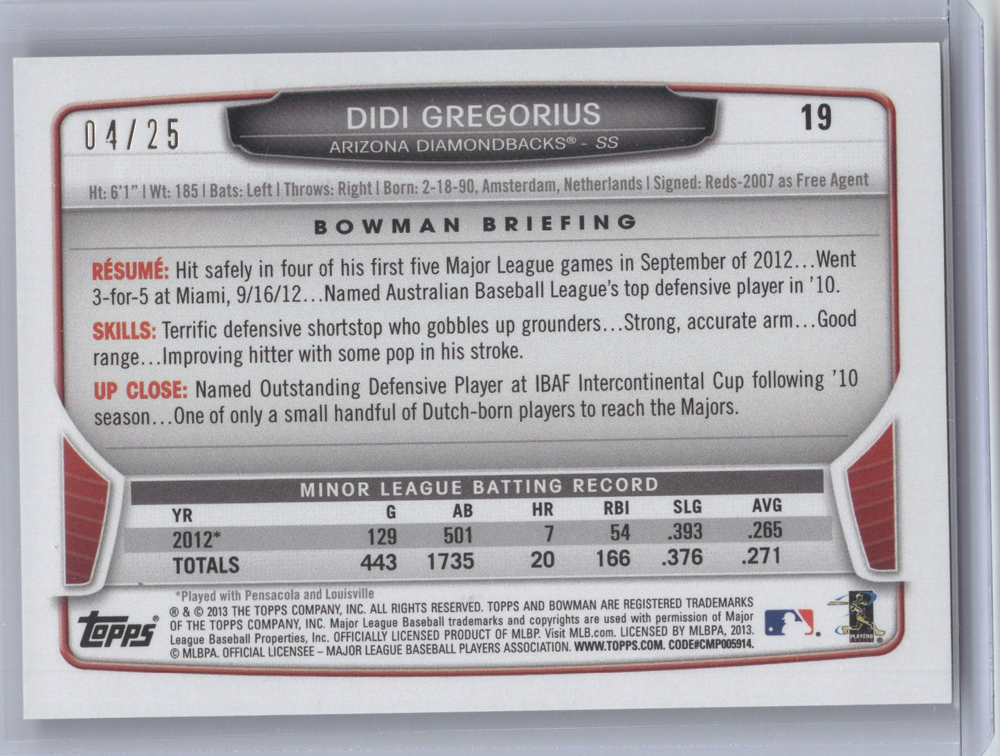2013 Bowman Platinum Didi Gregorius #19 Red Ice 04/25 RC