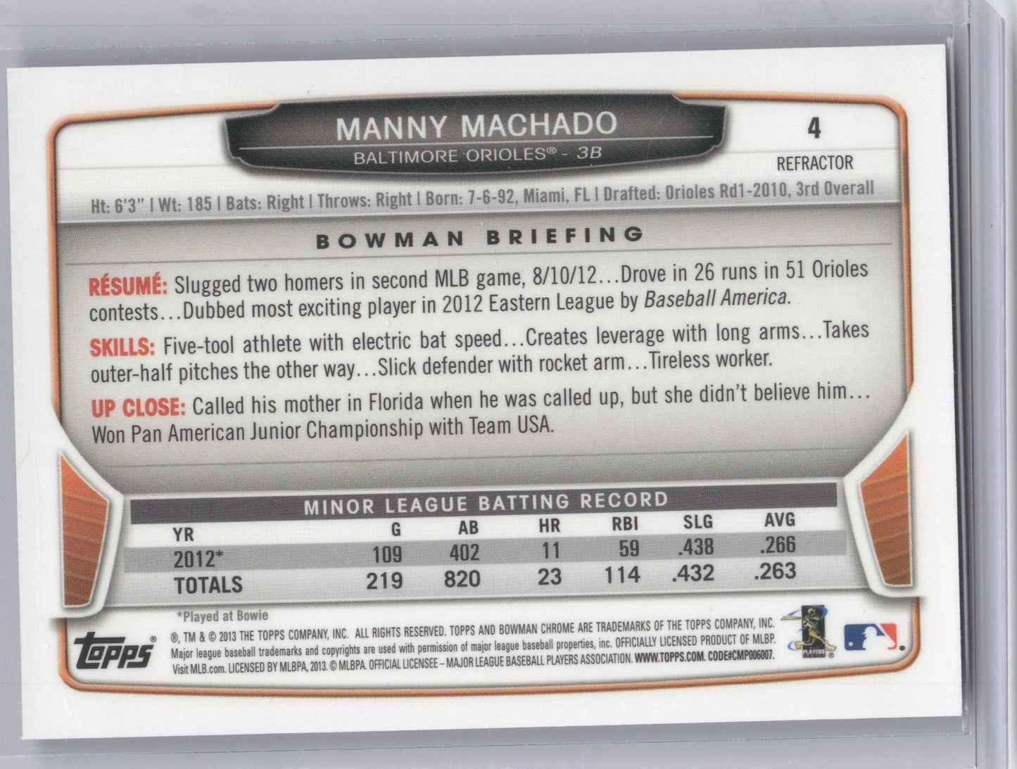 2013 Bowman Chrome Manny Machado #4 Refractor RC