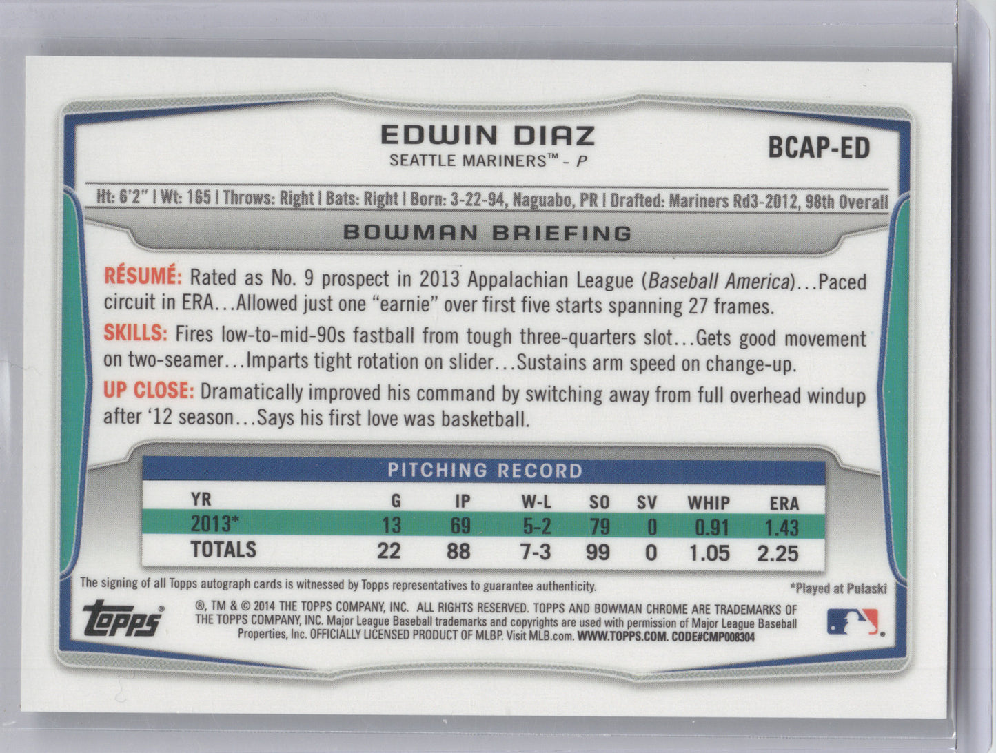 2014 Bowman Chrome Prospect Autograph Edwin Diaz #BCAP-ED