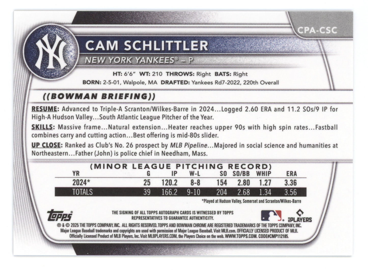 2025 Bowman Chrome Prospect Autograph Cam Schlittler #CSC Reptilian Blue 060/150