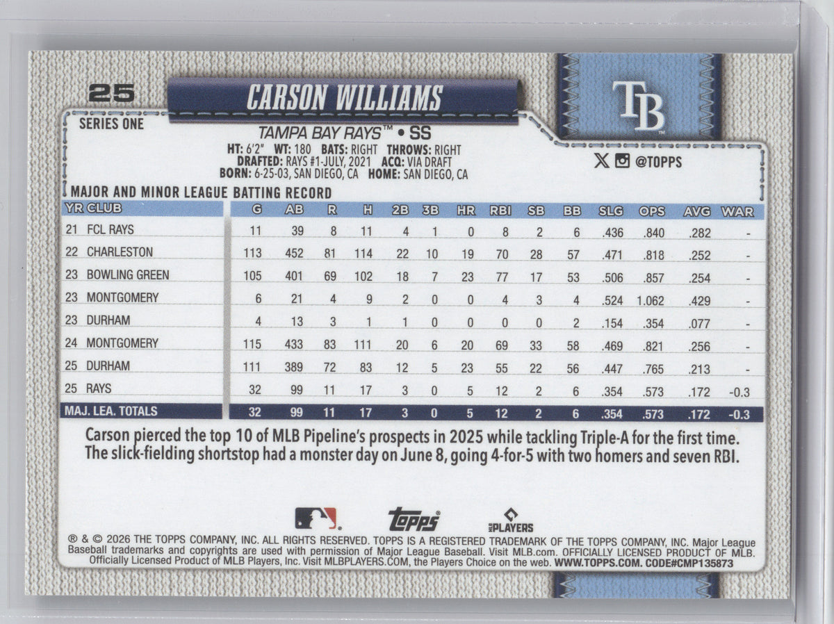 2026 Topps Series One Carson Williams #25 Holiday Rabbit Pattern RC
