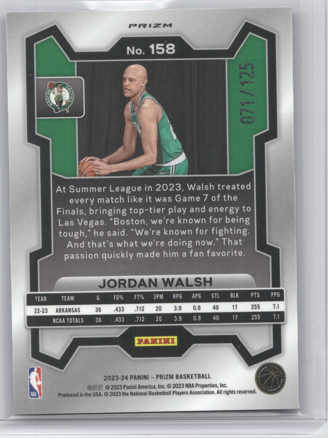 2023 Panini Prizm Jordan Walsh #158 Blue Ice 071 / 125 RC