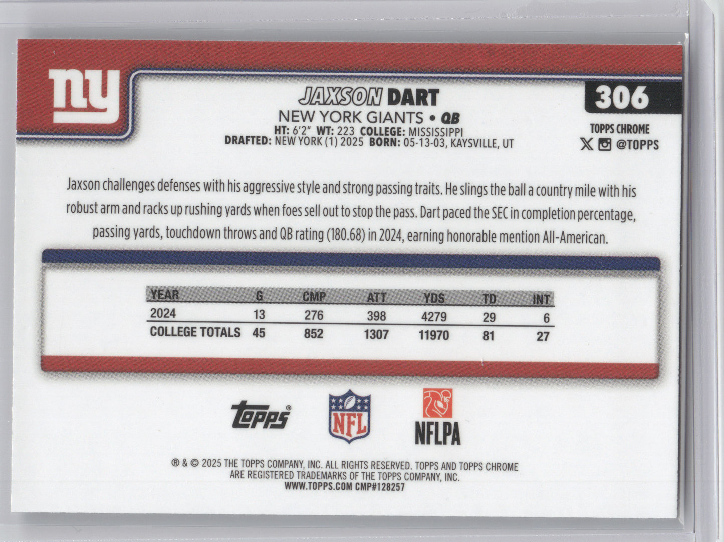 2025 Topps Chrome Jaxson Dart #306 RayWave RC