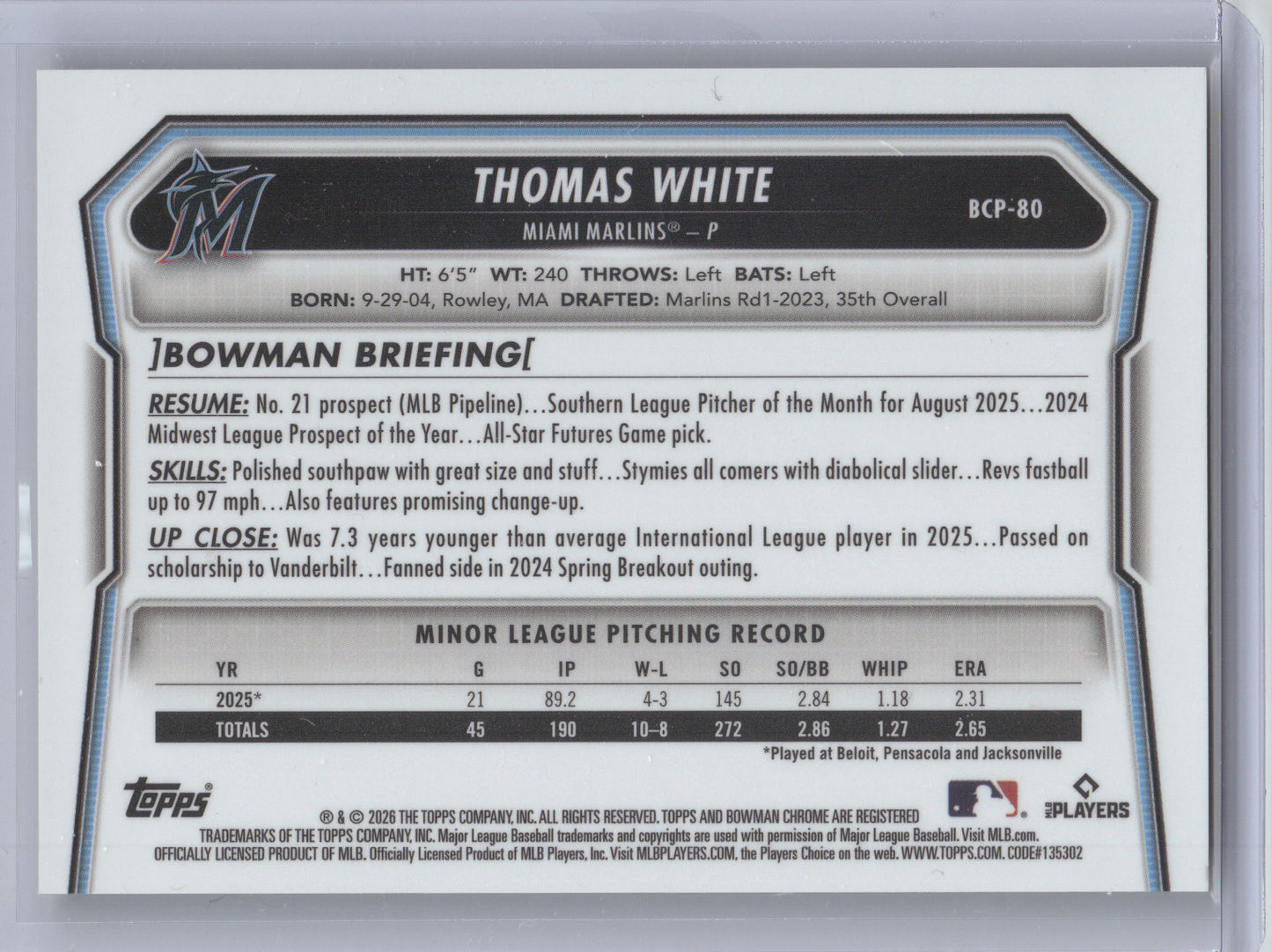 2026 Bowman Chrome Thomas White #BCP-80 Gold Refractor 24/50
