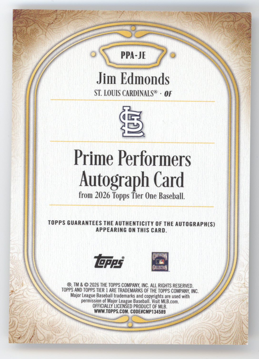 2026 Topps Tier One Prime Performers Jim Edmonds #PPA-JE Autograph Blue 85/99