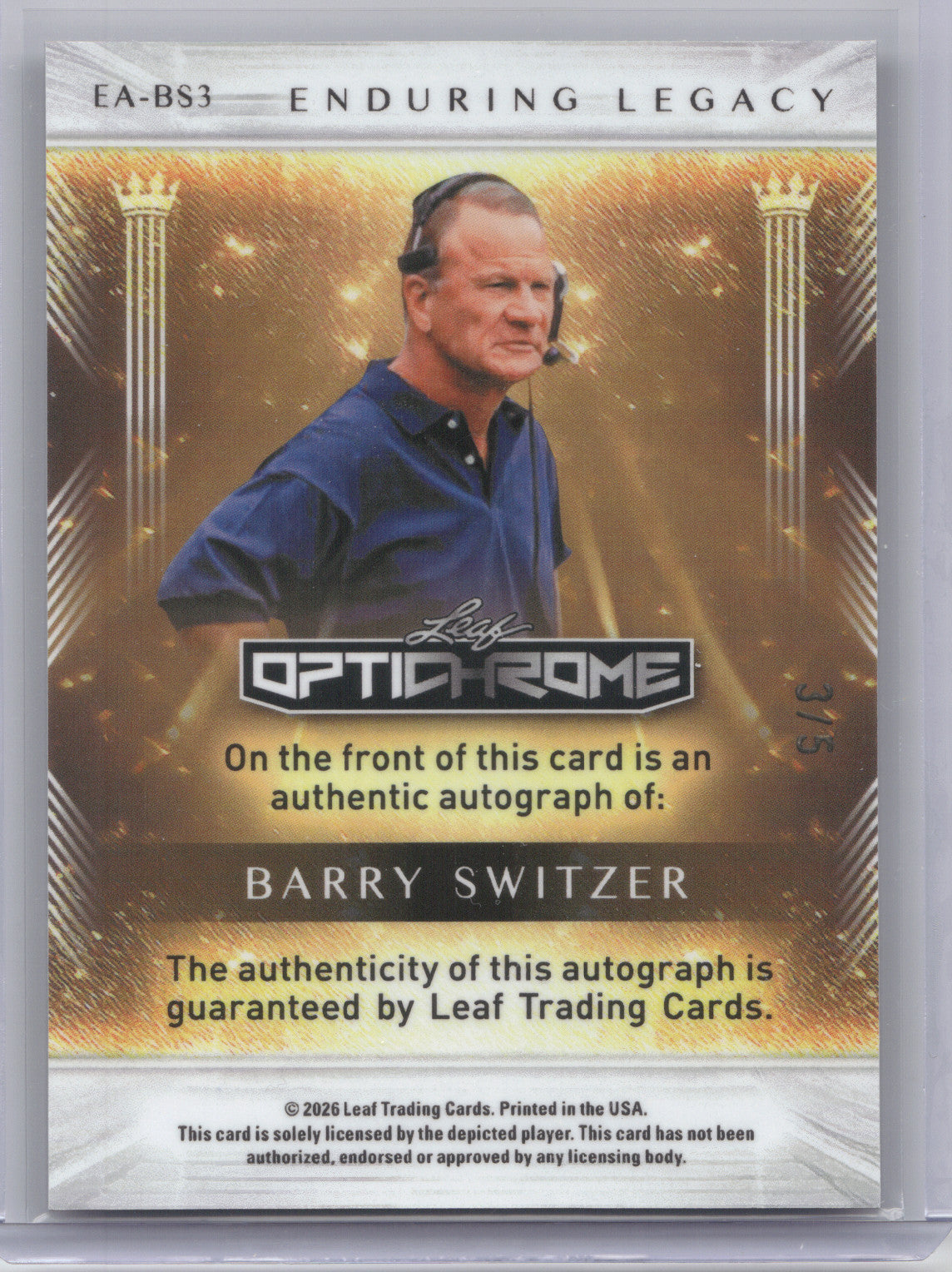 2026 Leaf Optichrome Enduring Legacy Barry Switzer #EA-BS3 Autograph Black 3/5