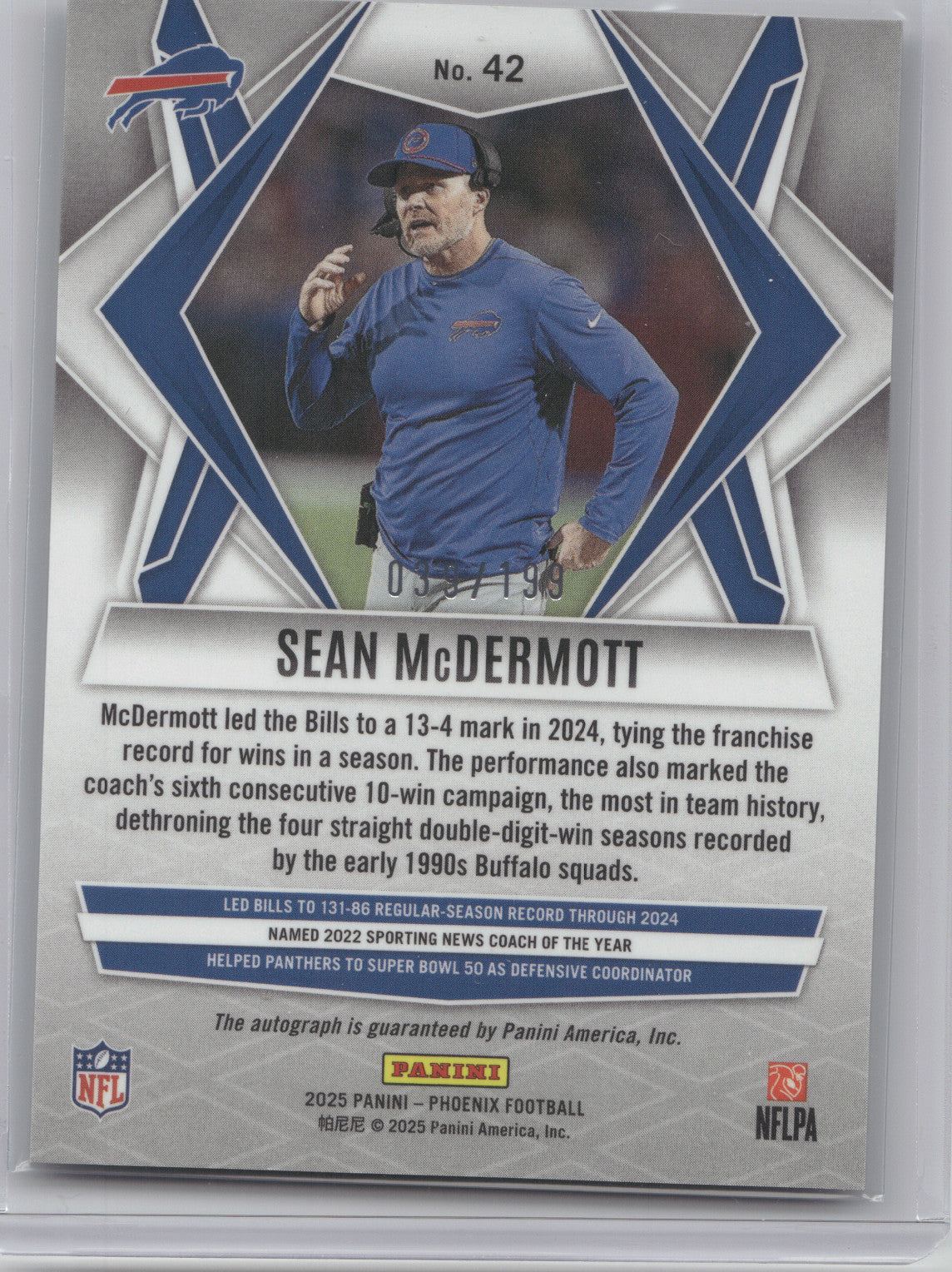 2025 Panini Phoenix Football Sean McDermott #42 Autograph 033/199