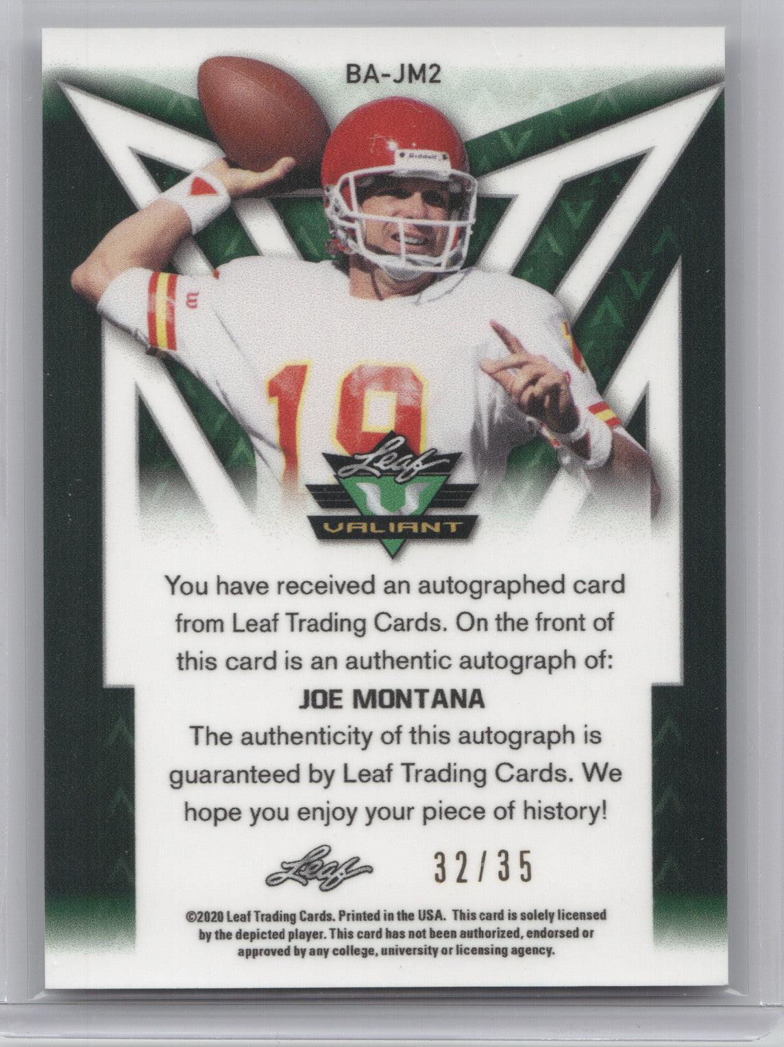 2020 Leaf Valiant Autograph Joe Montana #BA-JM2 Ice 32/35