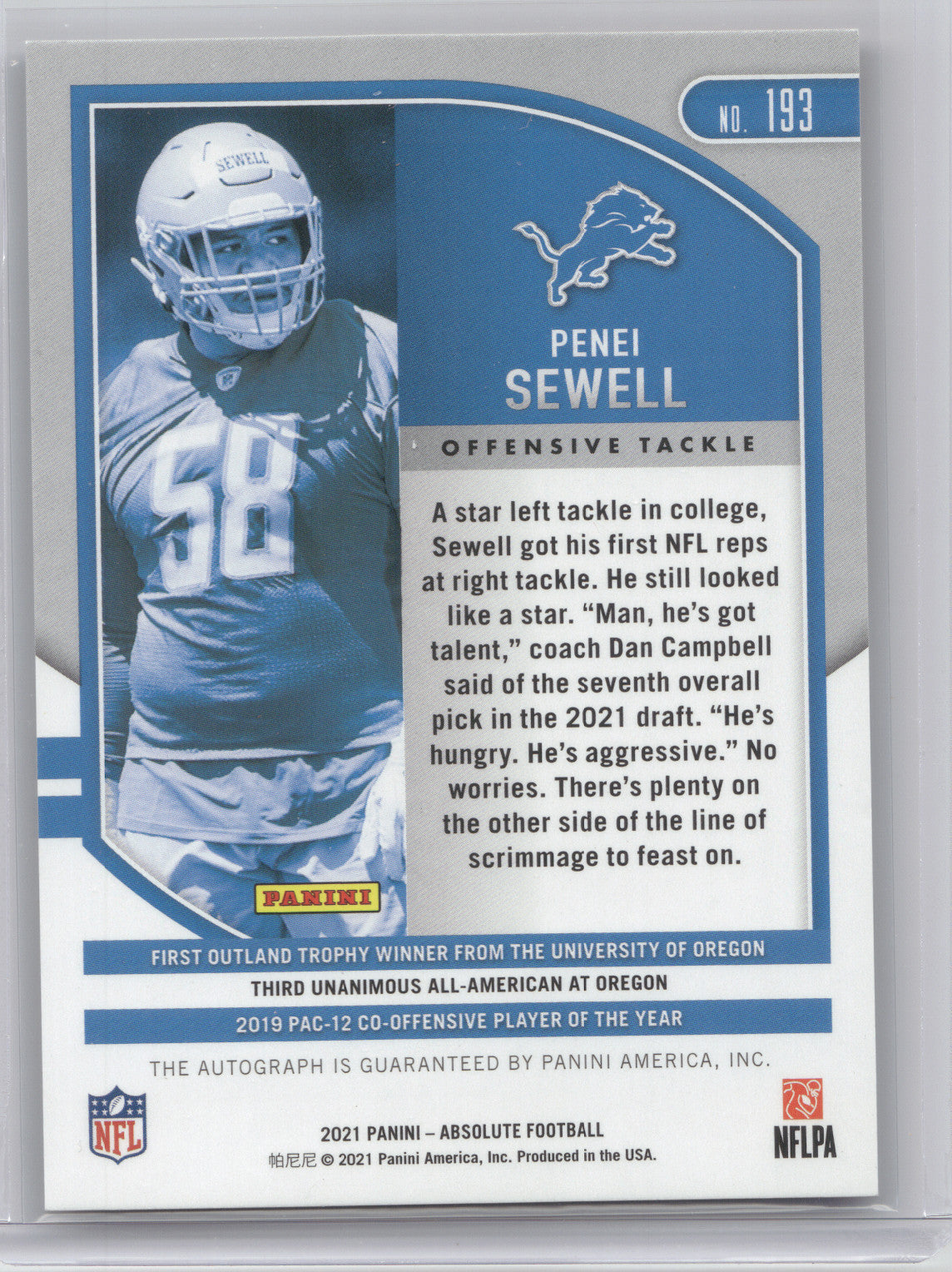 2021 Panini Absolute Autograph Penei Sewell #193 Signature Red Square RC 099/100