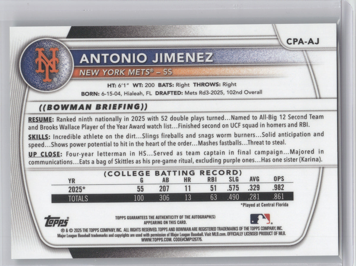 2025 Bowman Chrome Prospect Autograph Antonio Jimenez #AJ Green Refractor 74/99