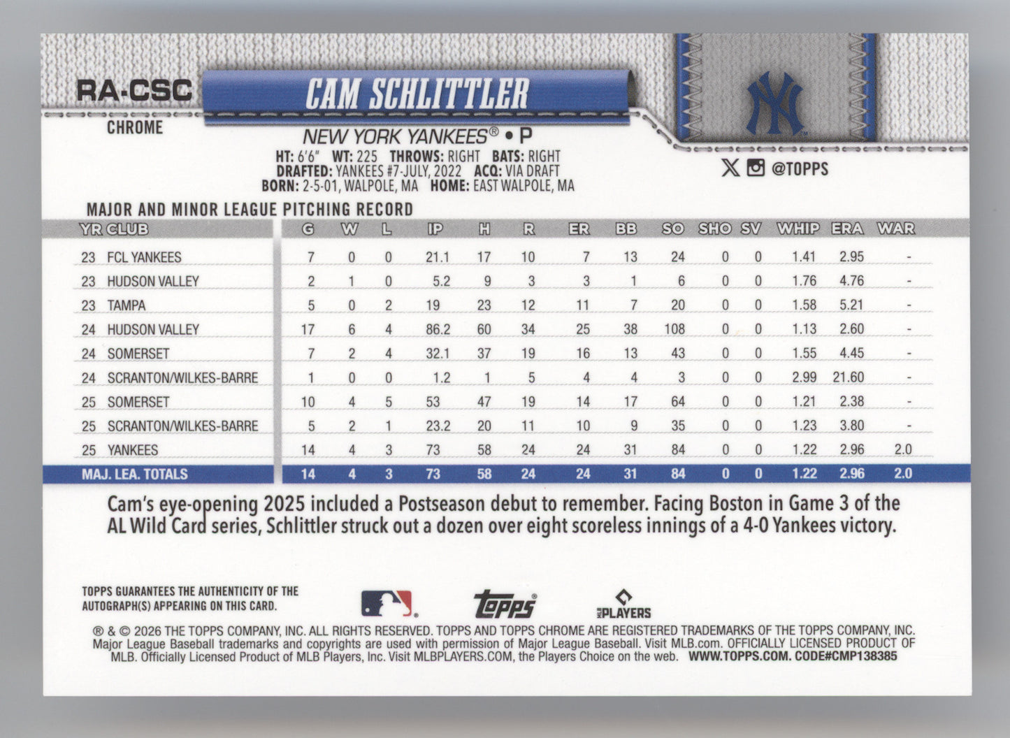 2026 Topps Chrome Rookie Autograph Cam Schlittler #CSC Purple Raywave 61/75 RC
