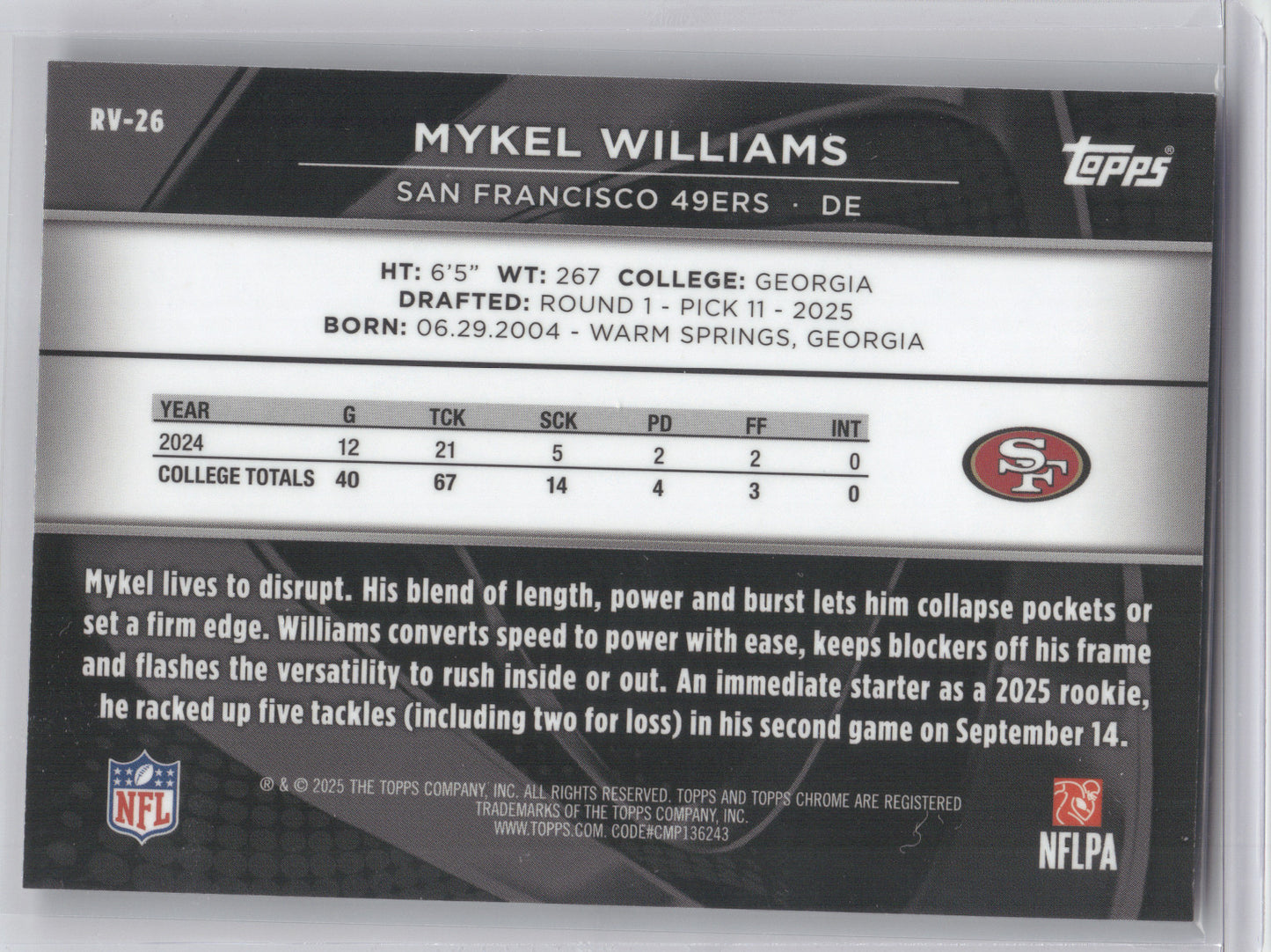 2025 Topps Chrome Black Rookie Variation Mykel Williams #RV-26 Orange RC