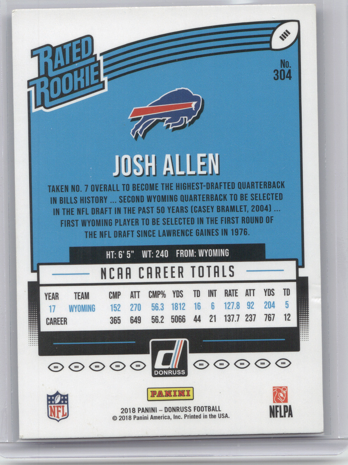 2018 Donruss Rated Rookie Josh Allen #304 Press Proof Blue