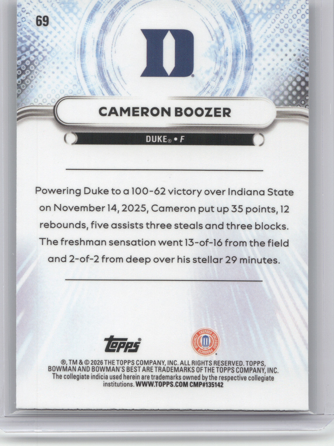 2025 Bowman University Best Cameron Boozer #69 Green Mini-Diamond 12/99