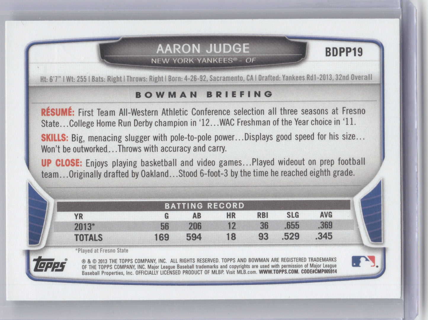 2013 Bowman Draft Picks & Prospects Aaron Judge #BDPP19