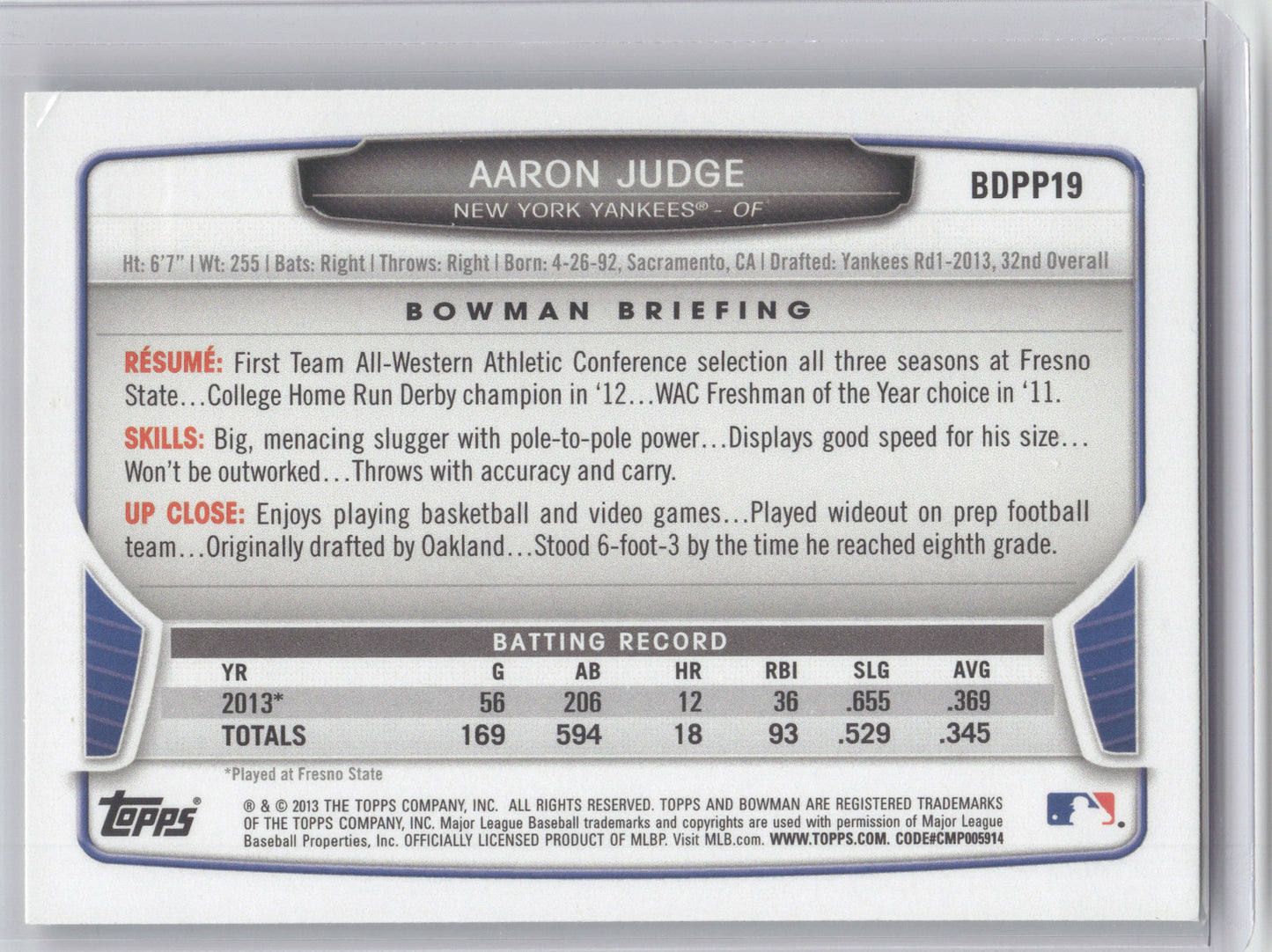 2013 Bowman Draft Picks & Prospects Aaron Judge #BDPP19