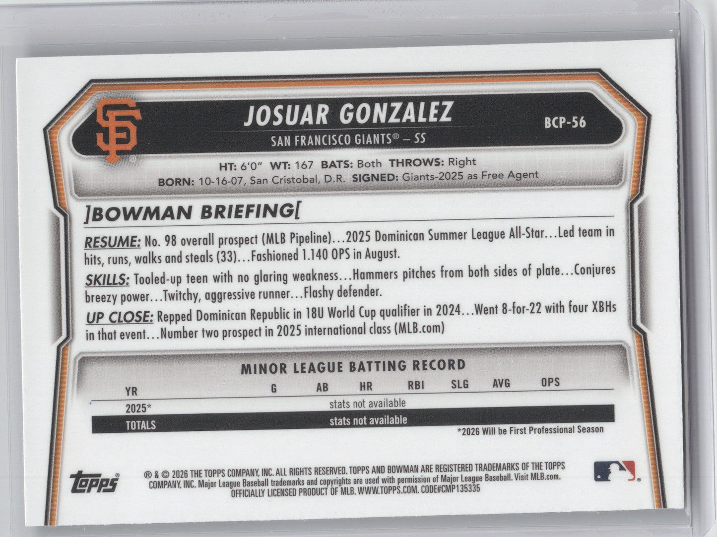 2026 Bowman Chrome Prospect Josuar Gonzalez #BCP-56 Packfractor Variation 53/89