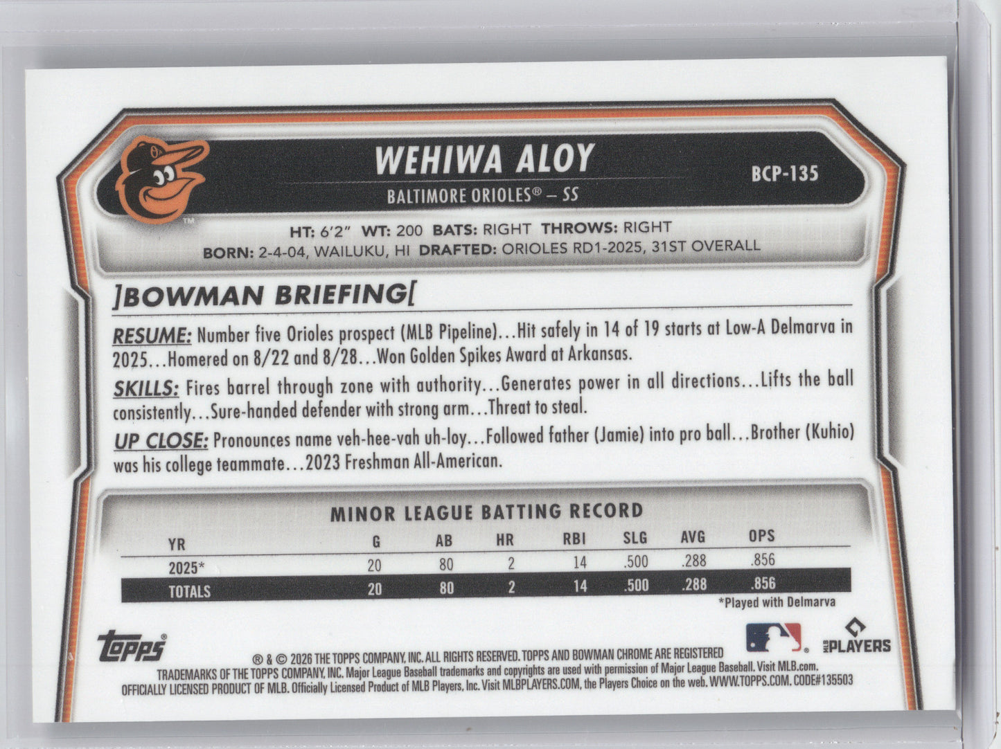 2026 Bowman Chrome Prospect Wehiwa Aloy #BCP-135 Stained Glass