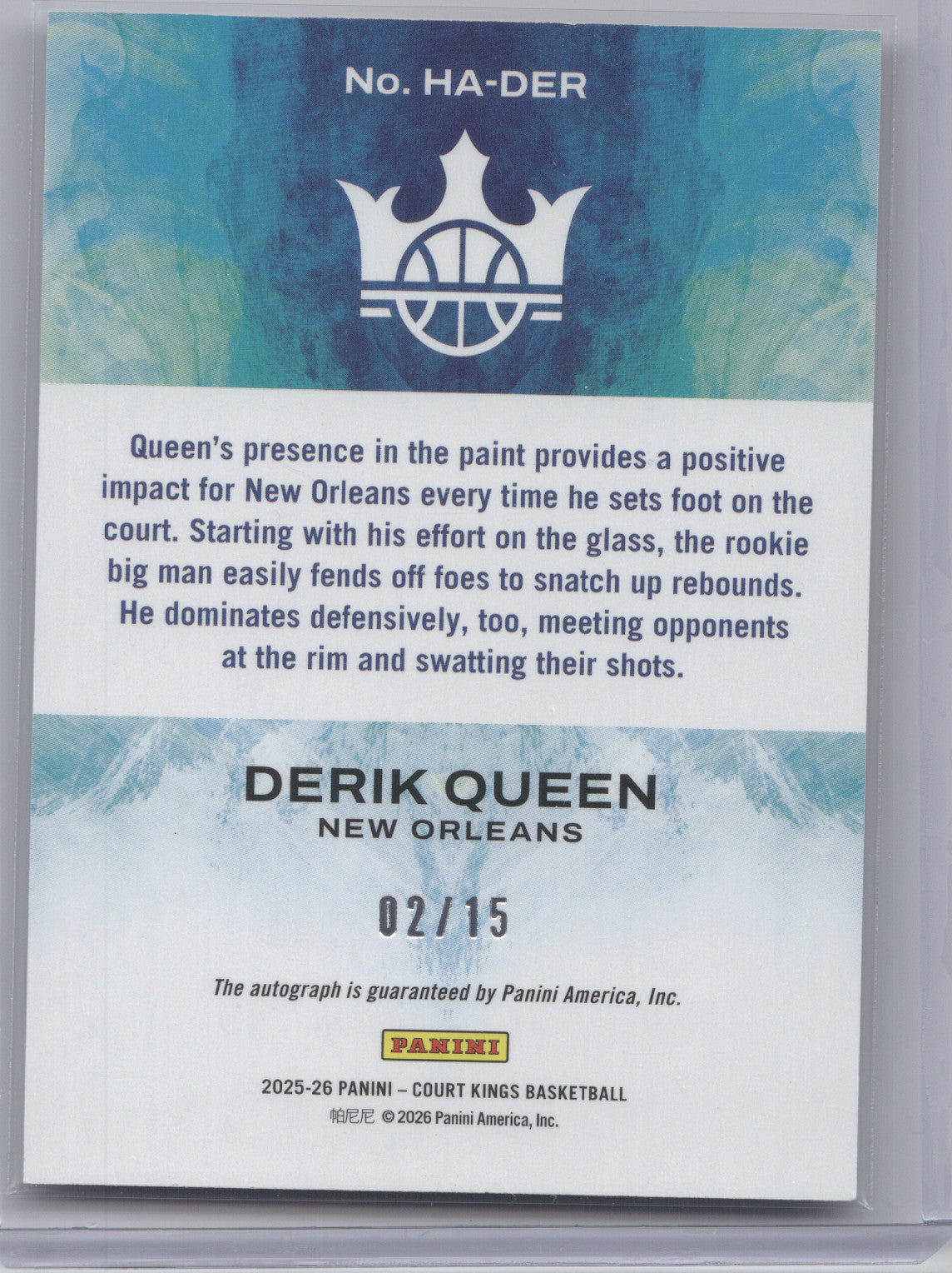 2025 Panini Court Kings Heir Apparent Autograph Derik Queen #HA-DER 02/15