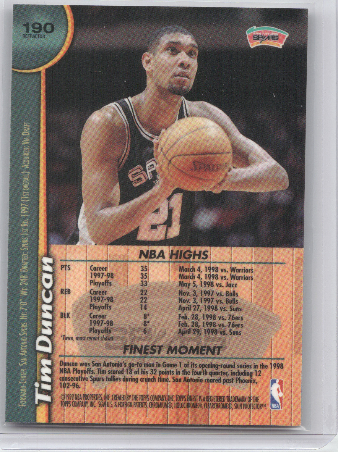 1998 Topps Finest Tim Duncan #190 Refractor With Coating