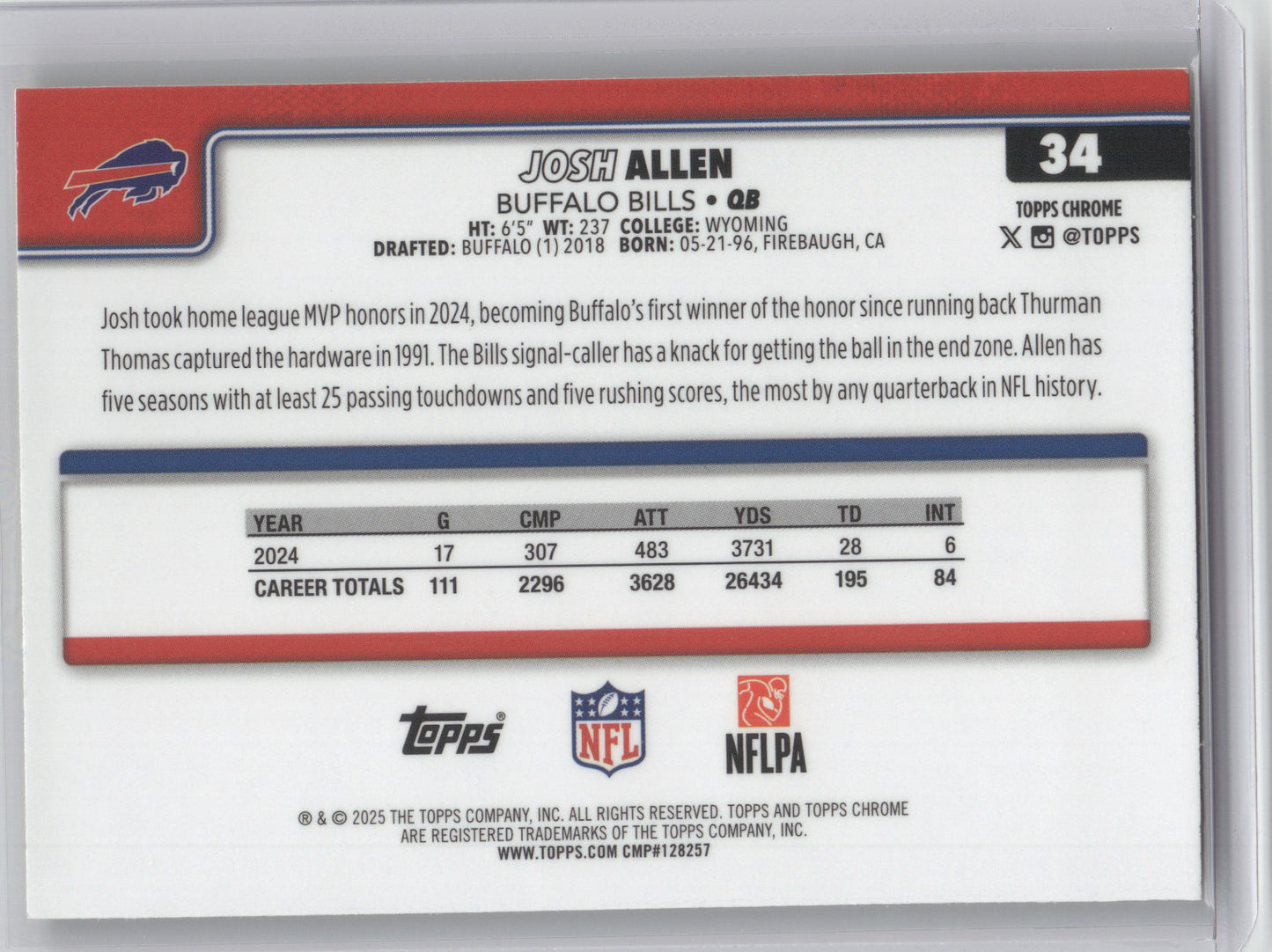 2025 Topps Chrome Josh Allen #34 Yellow Wave 261/276