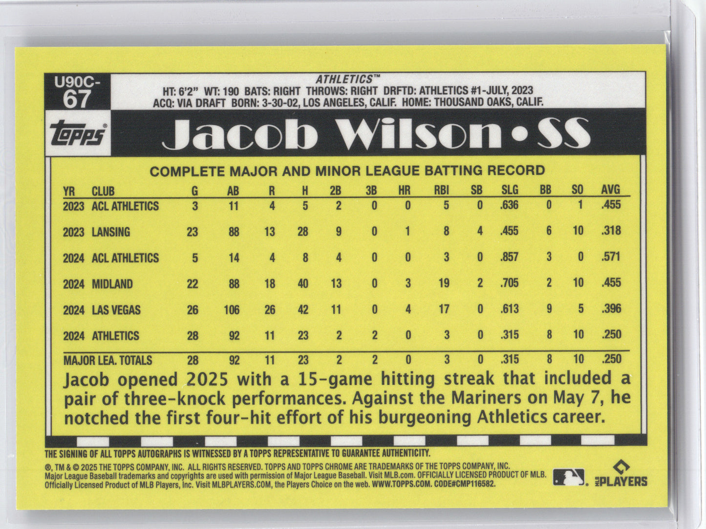 2025 Topps Chrome Update 1990 Autograph Jacob Wilson #67 Blue Mojo 196/199 RC