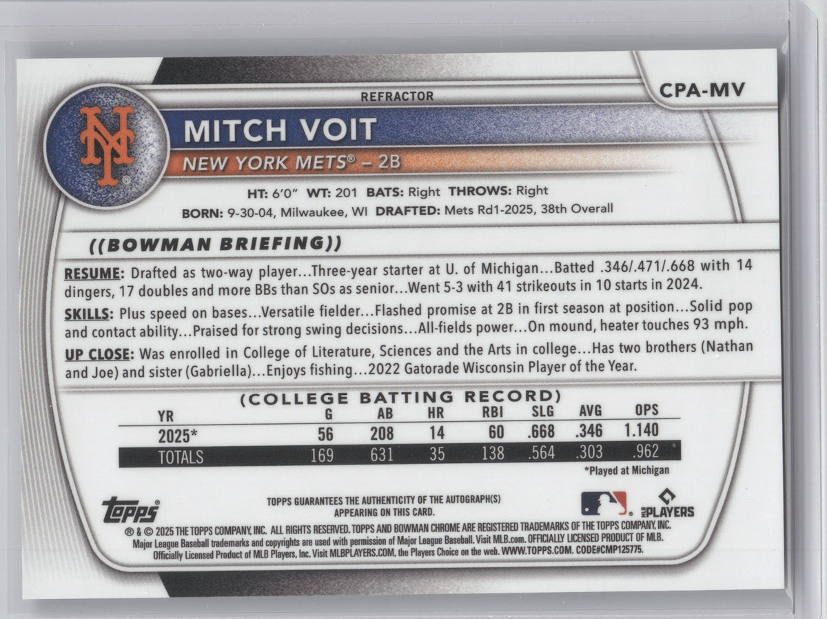 2025 Bowman Chrome Prospect Autograph Mitch Voit #CPA-MV Refractor 220/499
