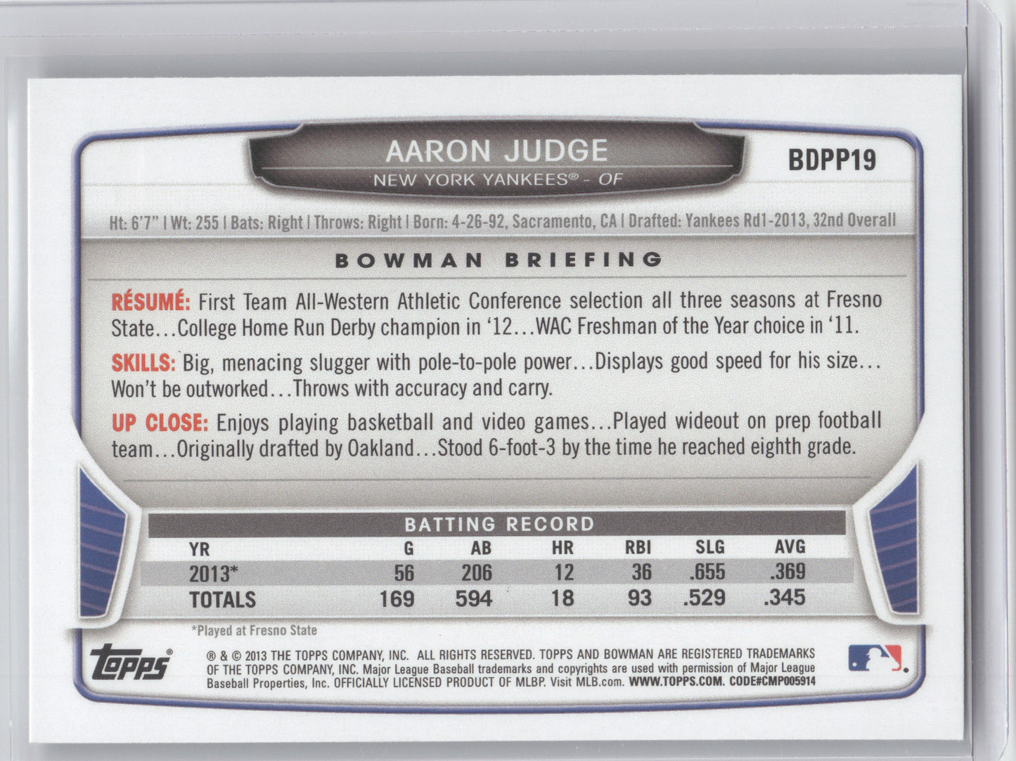 2013 Bowman Draft Picks & Prospects Aaron Judge #BDPP19