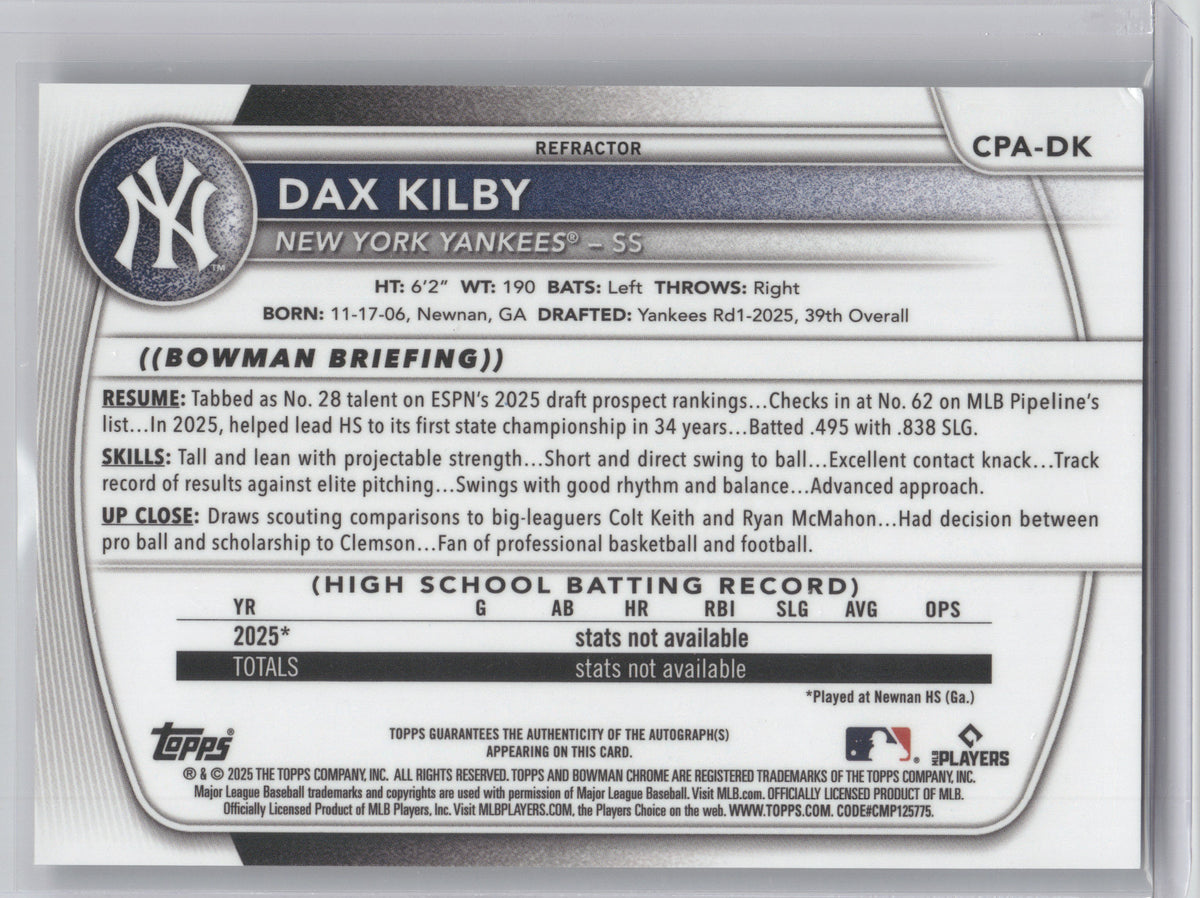 2025 Bowman Chrome Prospect Autograph Dax Kilby #CPA-DK Refractor 326/499