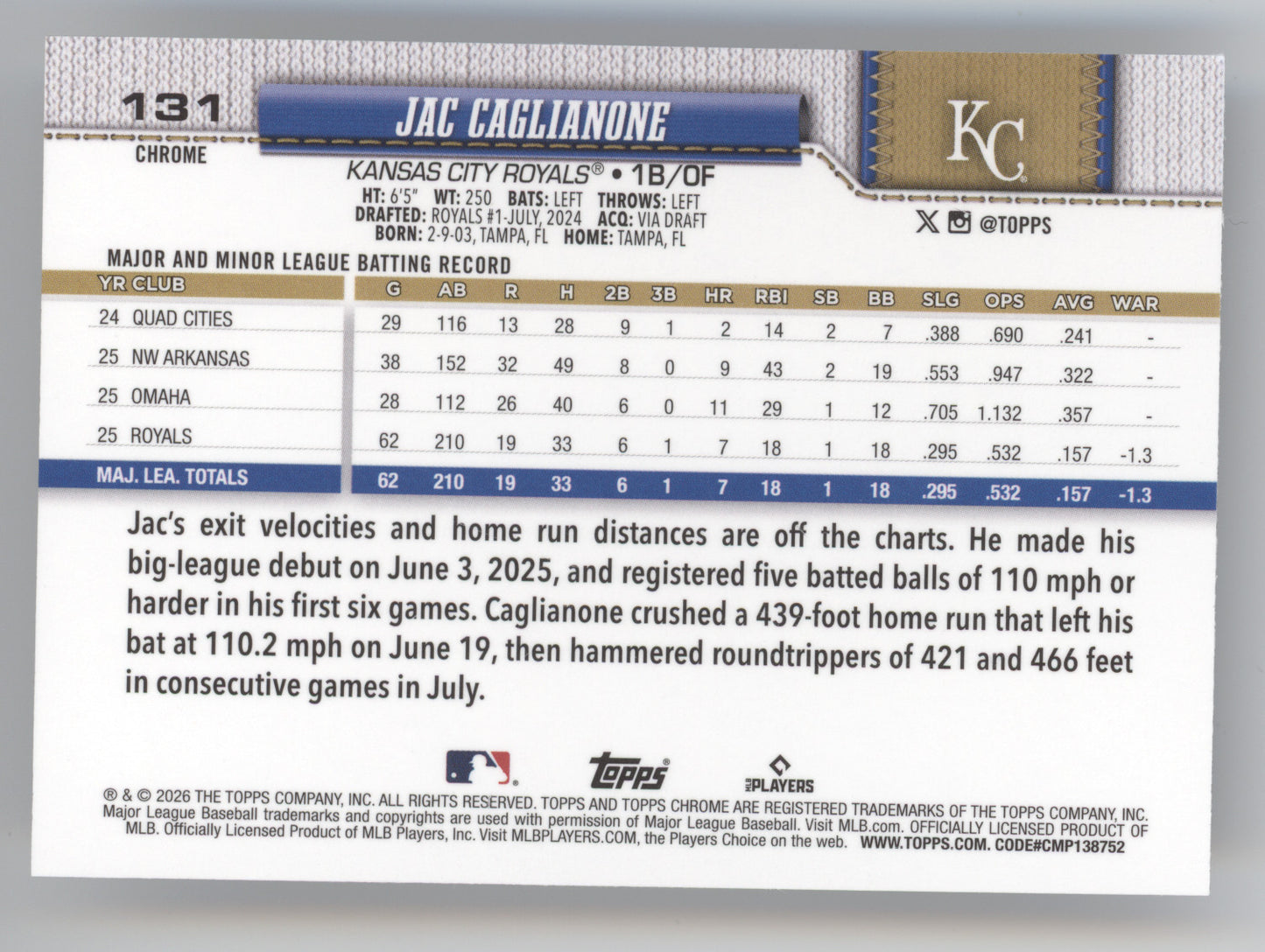 2026 Topps Chrome Jac Caglianone #131 Logo Image Variation RC