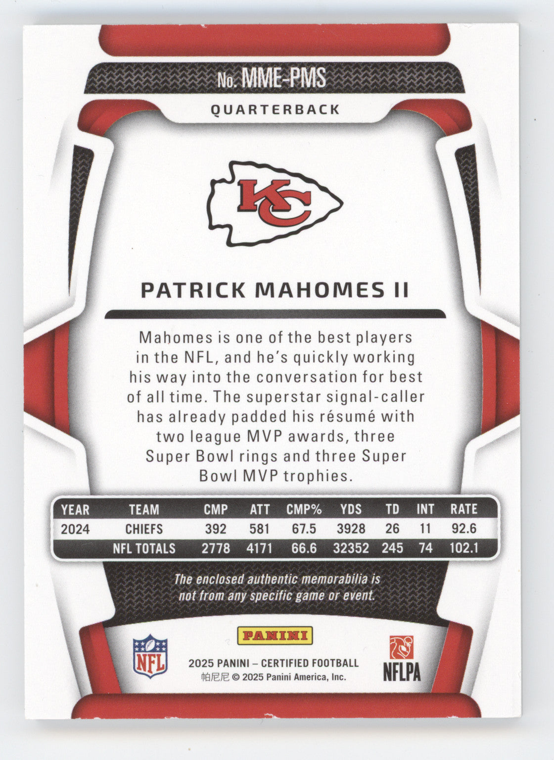 2025 Panini Certified Materials Mirror Etch Patrick Mahomes II #PMS Gold 10/10