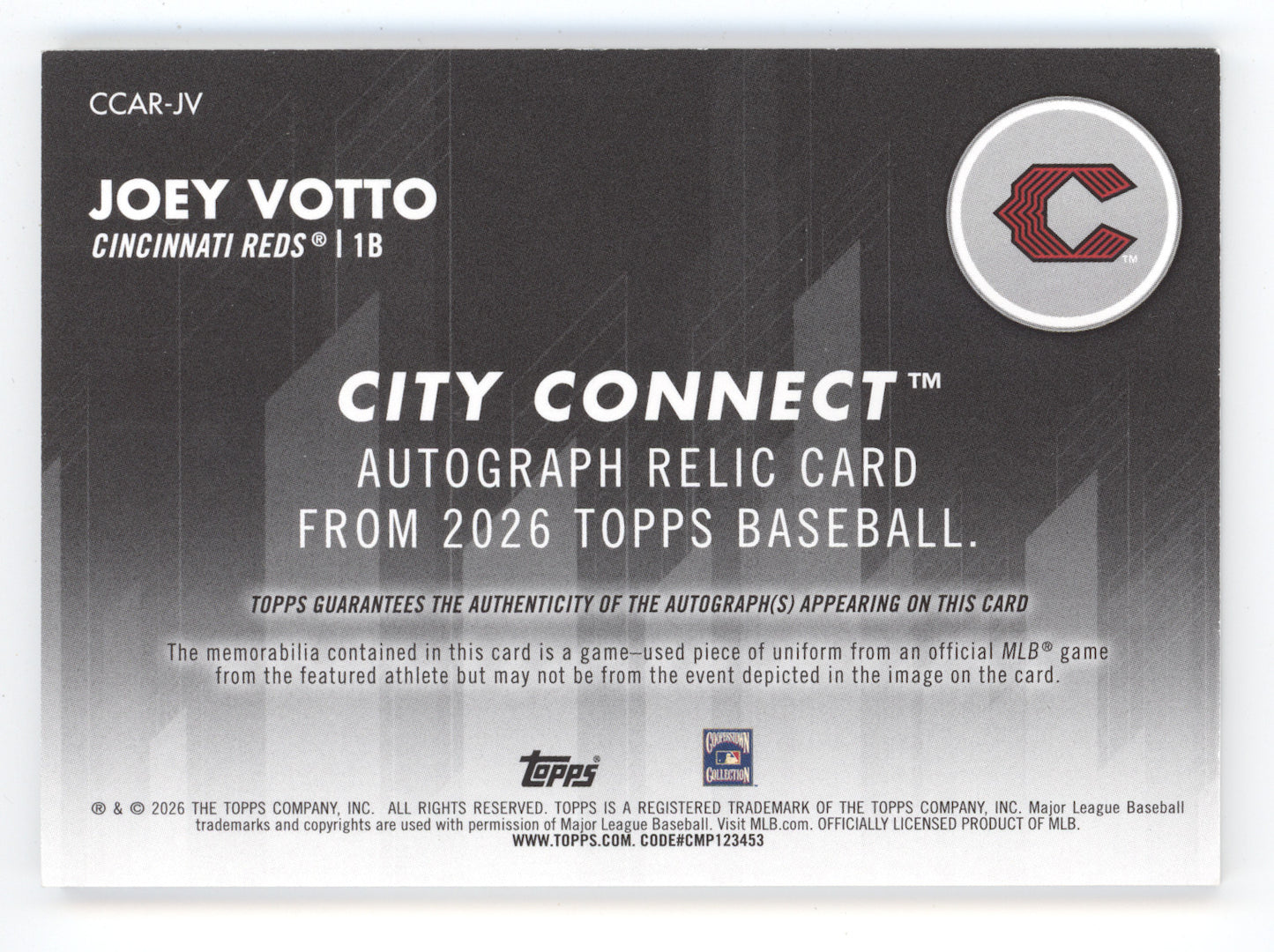 2026 Topps City Connect Swatch Autograph Relic Joey Votto #CCAR-JV Black 04/10