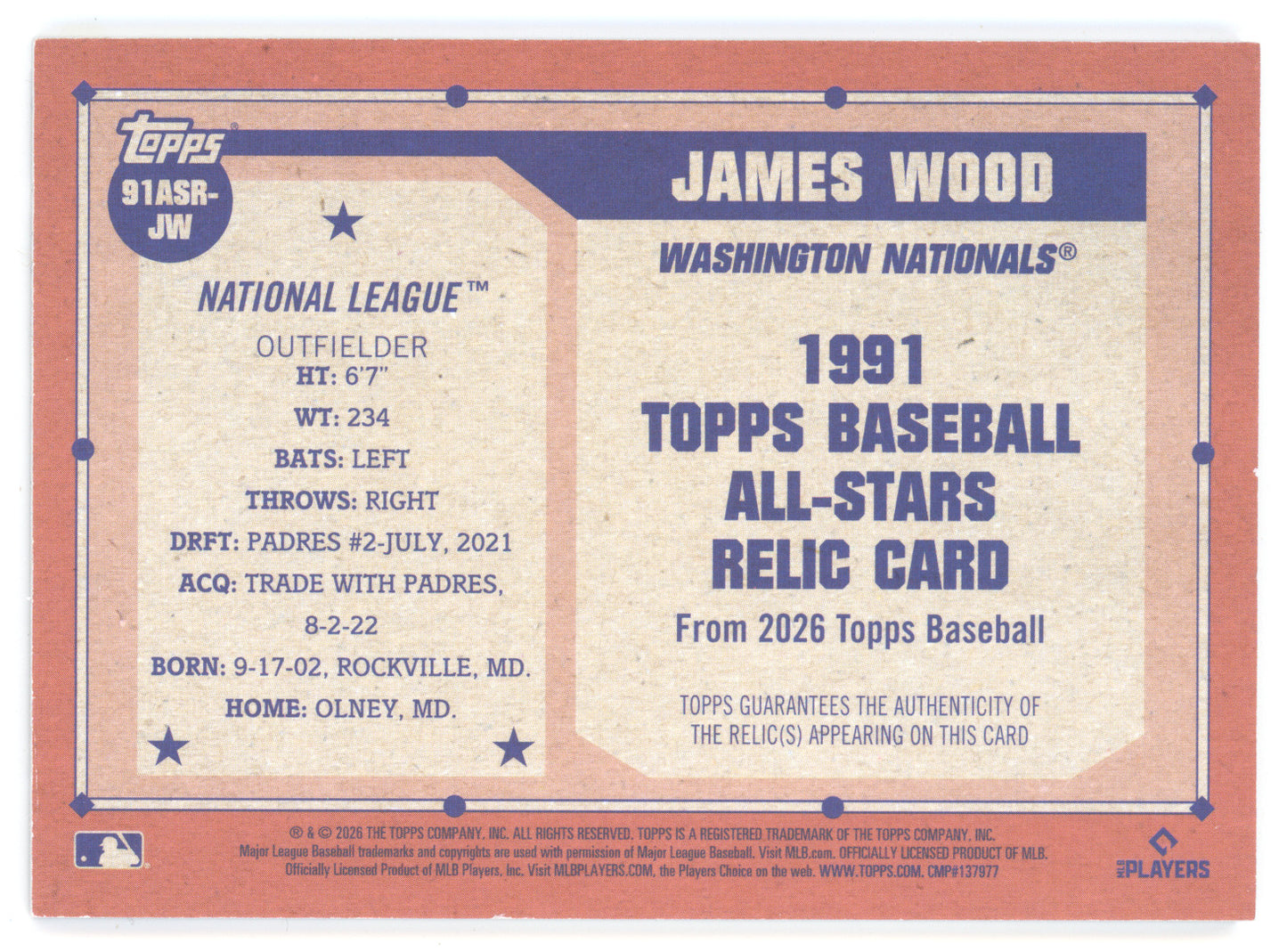 2026 Topps 1991 Topps All-Stars Relic James Wood #91ASR-JW Black 05/10