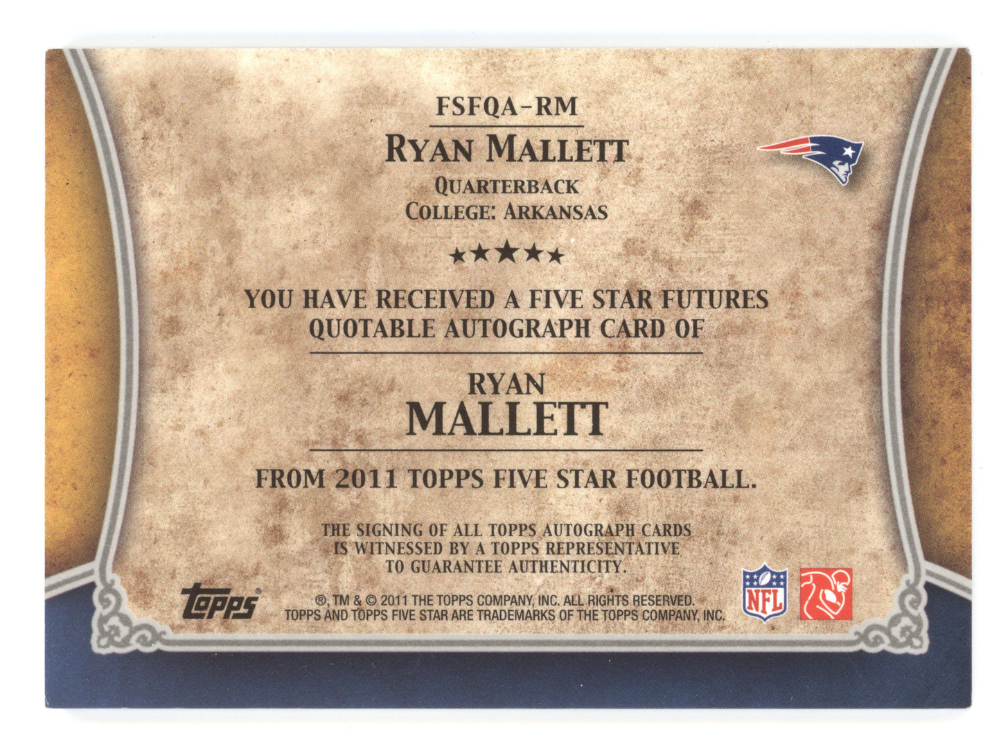 2011 Topps Five Star Futures Autographs Ryan Mallett #FSFQA-RM (Go Hogs!) 13/25