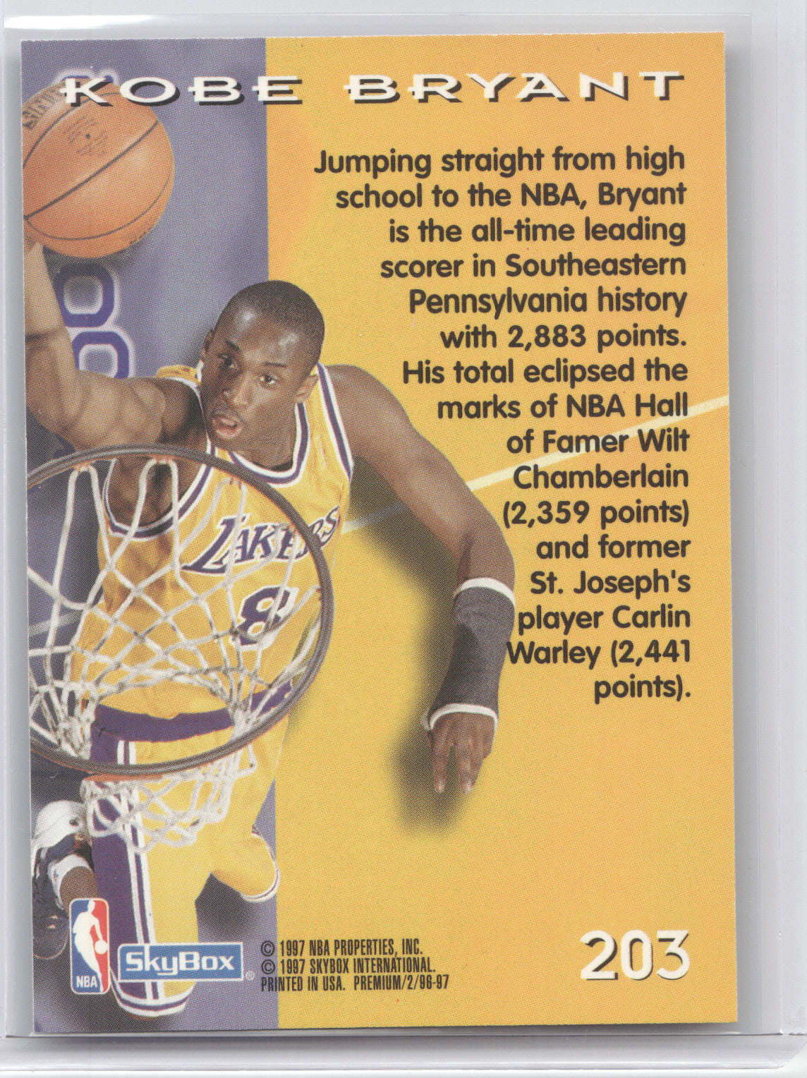 1996 SkyBox Premium Kobe Bryant #203 Rookie