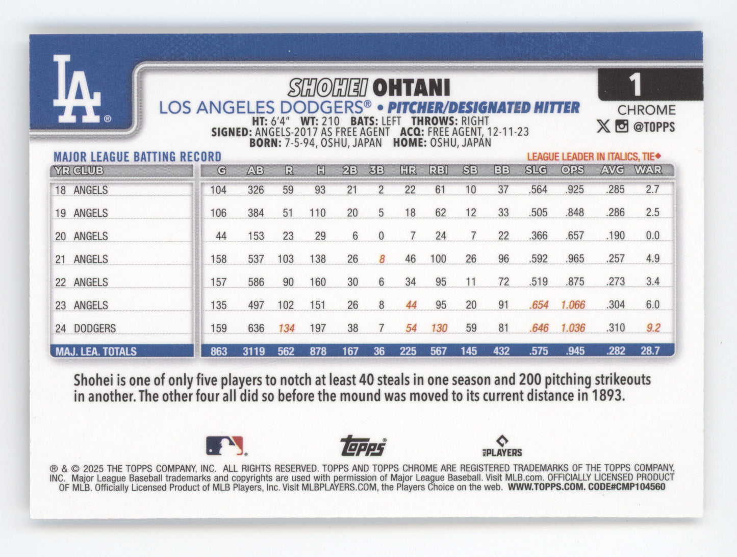 2025 Topps Chrome Shohei Ohtani #1 Image Variation