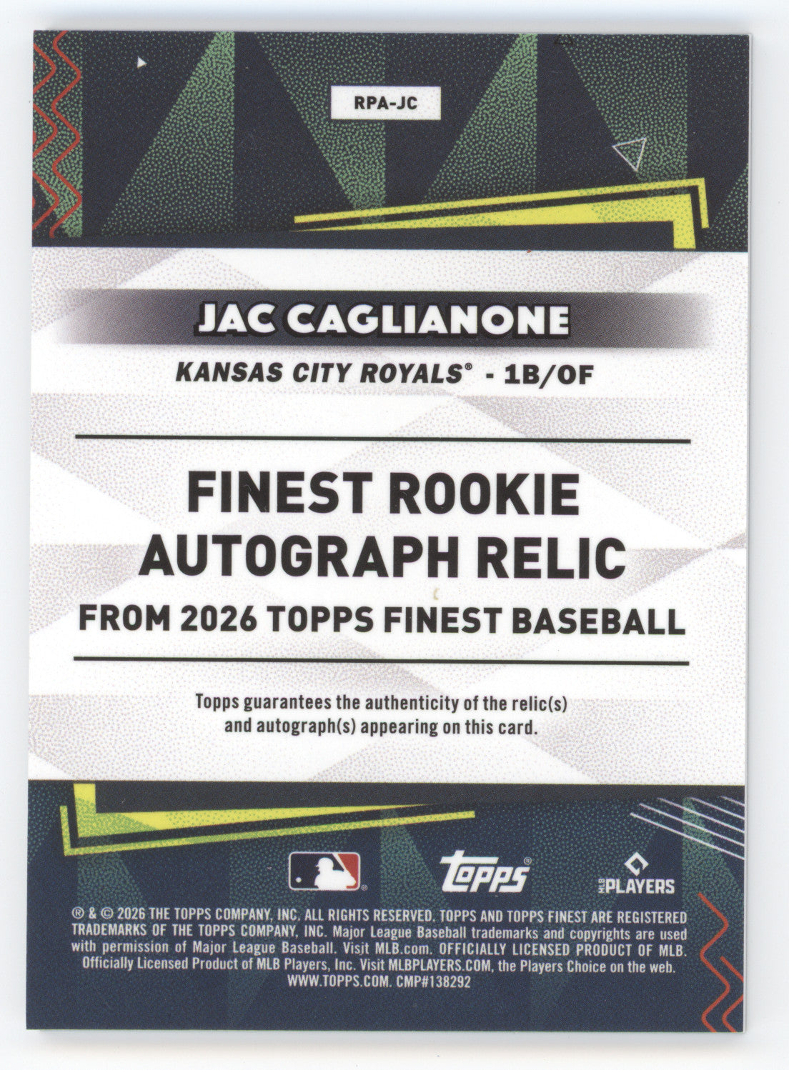 2026 Topps Finest Rookie Autograph Relic Jac Caglianone #RPA-JC Gold 49/50 RC