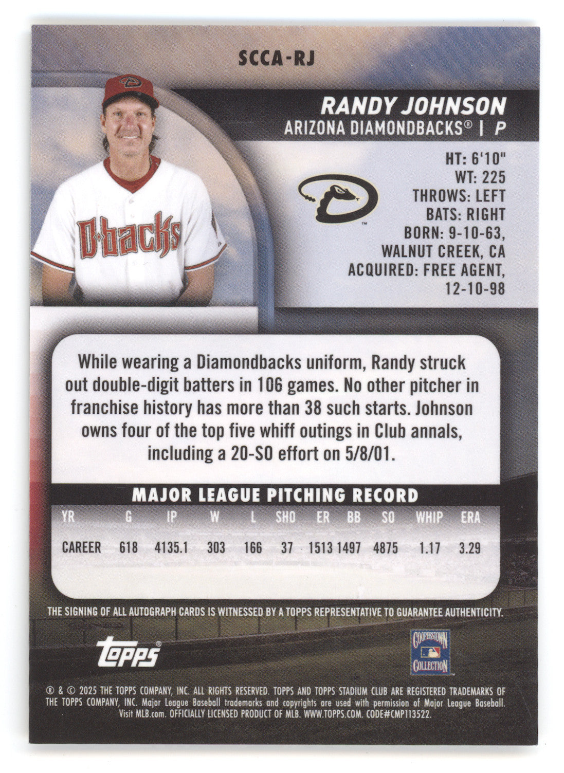 2025 Topps Stadium Club Chrome Autograph Randy Johnson #SCCA-RJ Gold Ref. 09/10