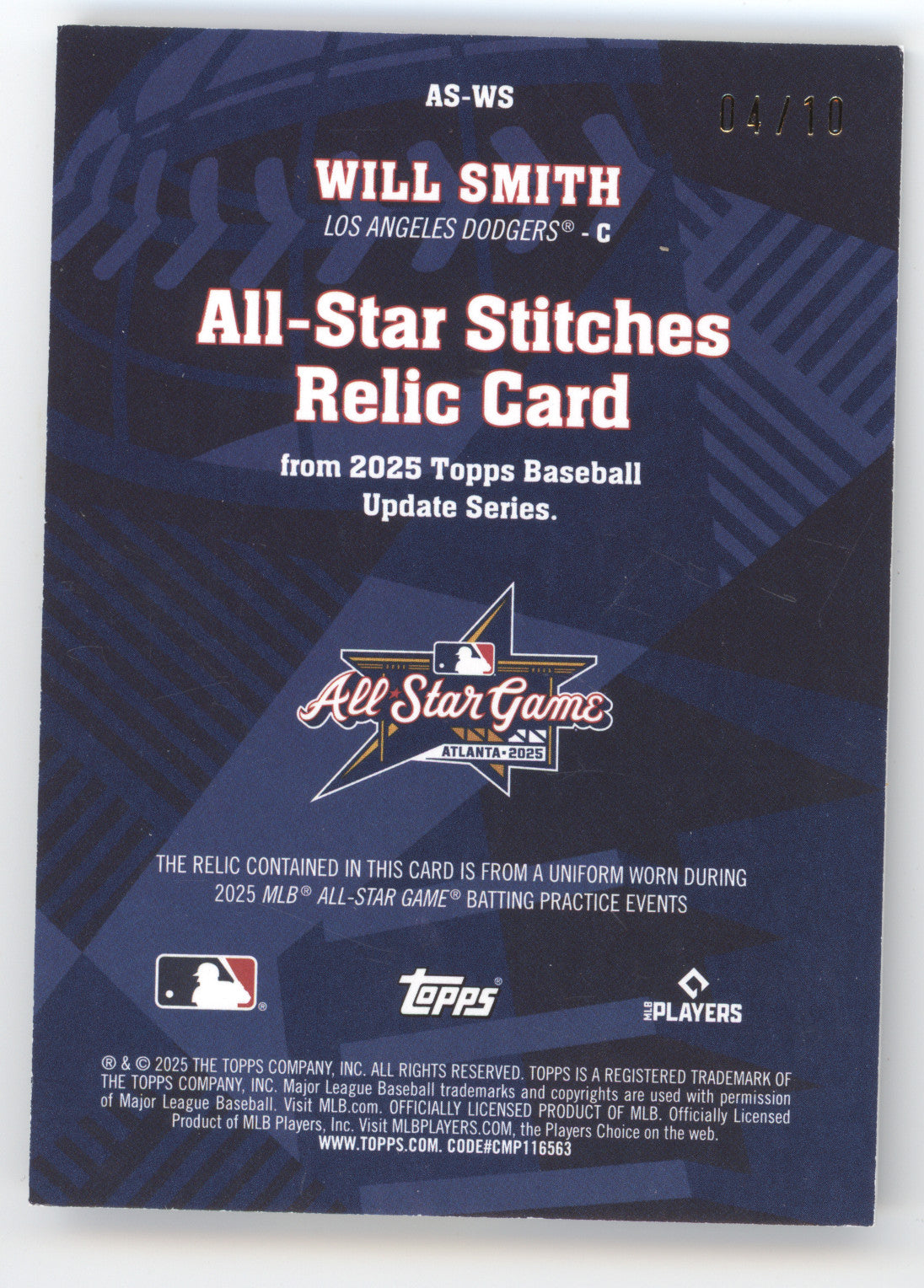 2025 Topps Update All-Star Stitches Relic Card Will Smith #AS-WS Black 04/10