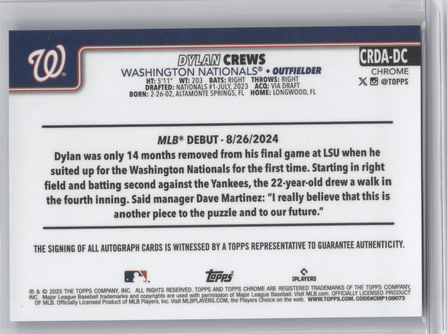 2025 Topps Chrome Rookie Debut Autograph Dylan Crews #DC Aqua Wave 126/199 RC