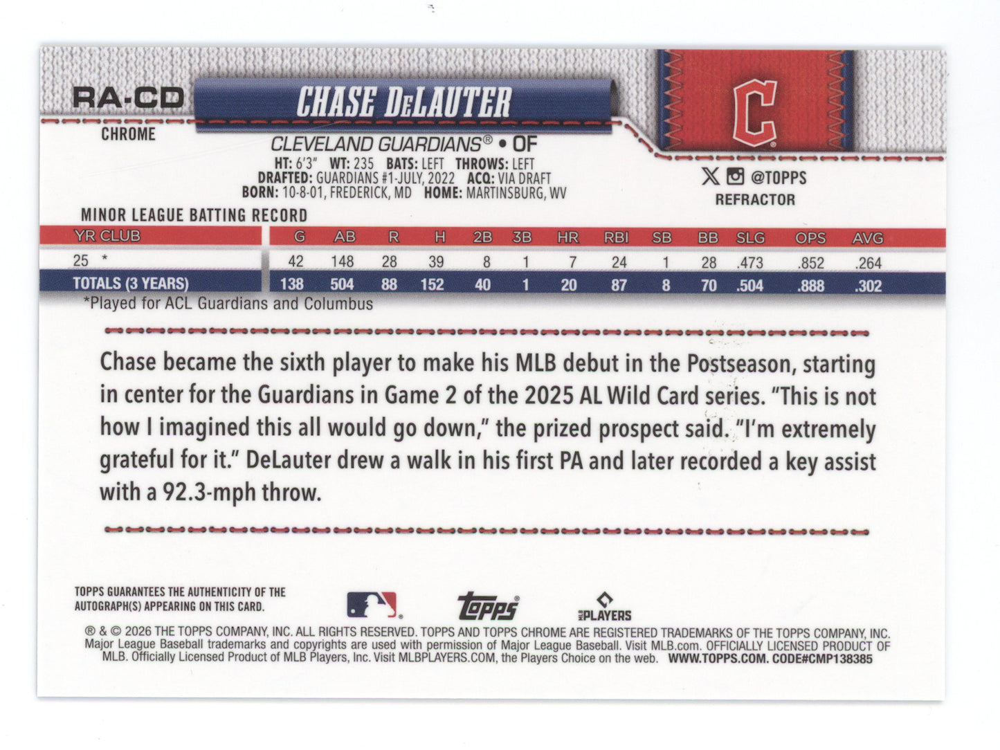 2026 Topps Chrome Rookie Autograph Chase DeLauter #RA-CD Refractor RC 169/499