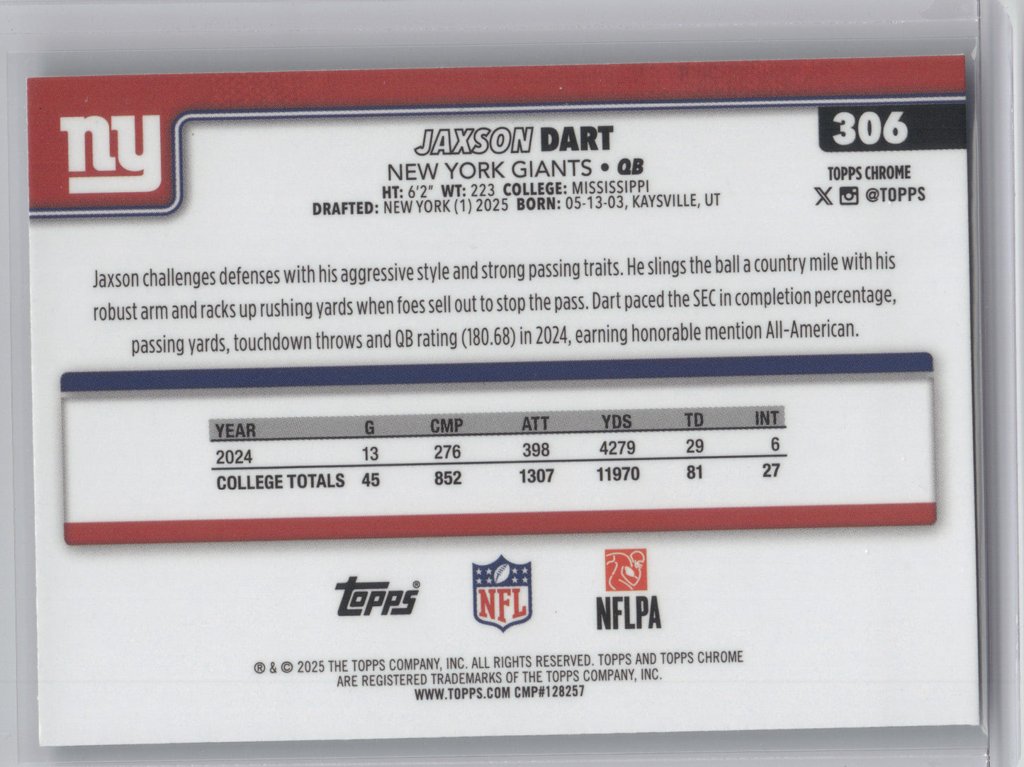 2025 Topps Chrome Jaxson Dart #306 Aqua Refractor RC 257/299