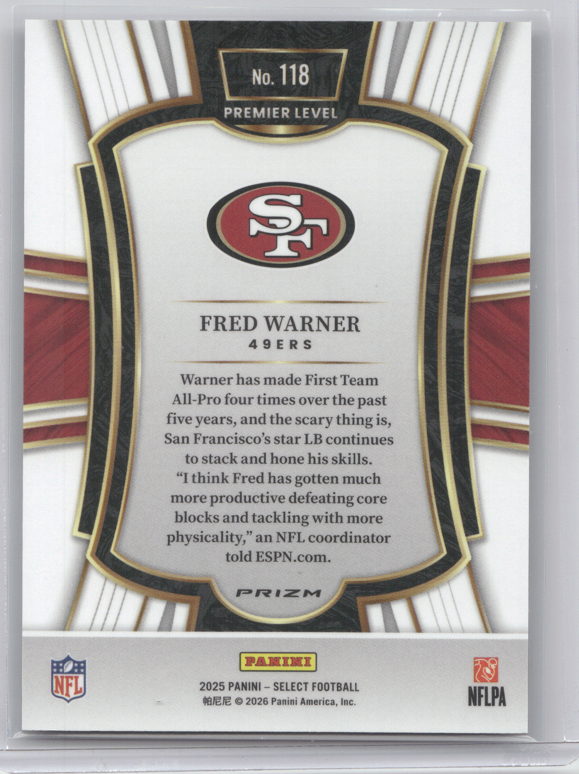 2025 Panini Select Fred Warner #118 Zebra