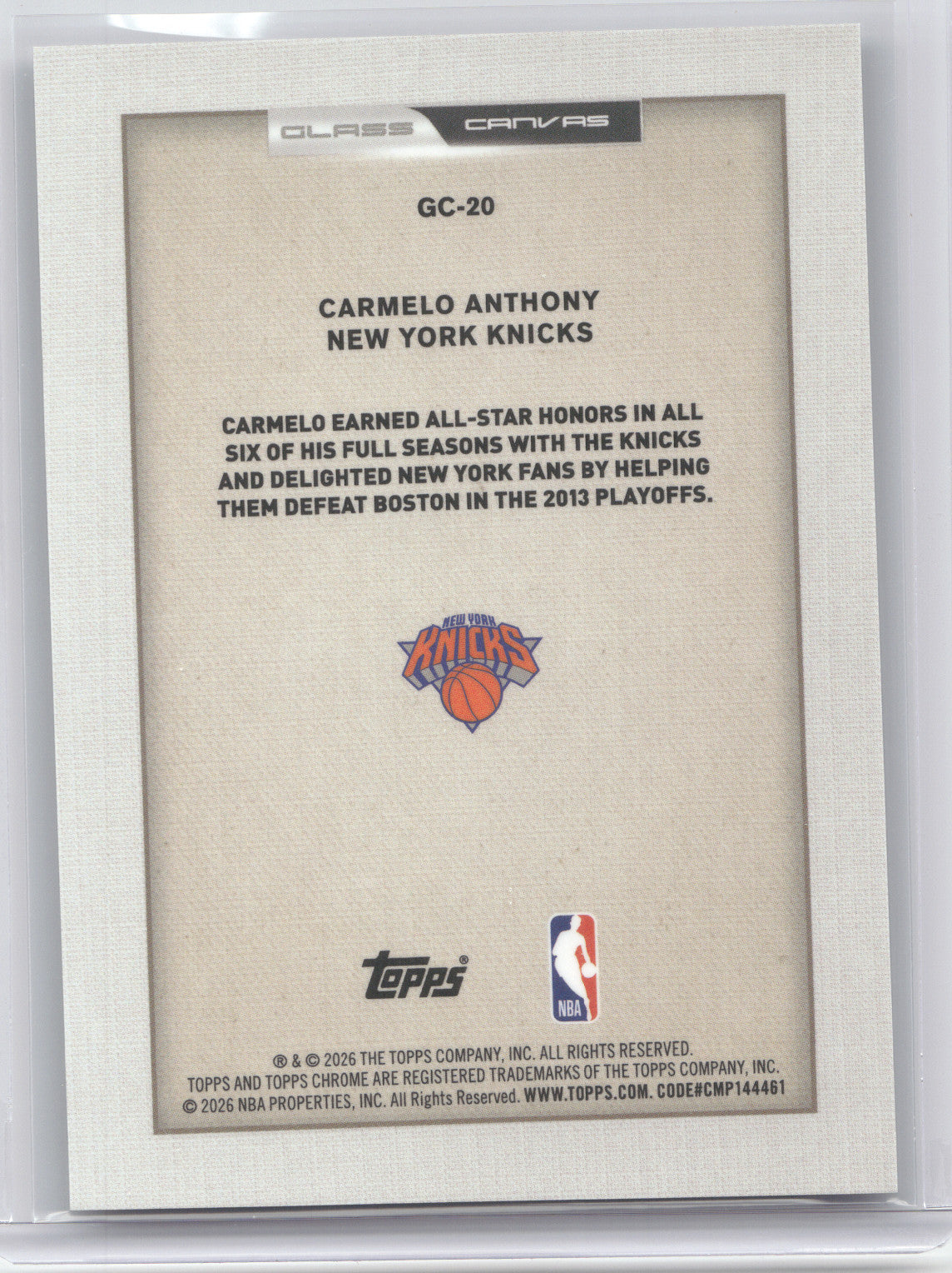 2026 Topps Chrome Glass Canvas Carmelo Anthony #GC-20