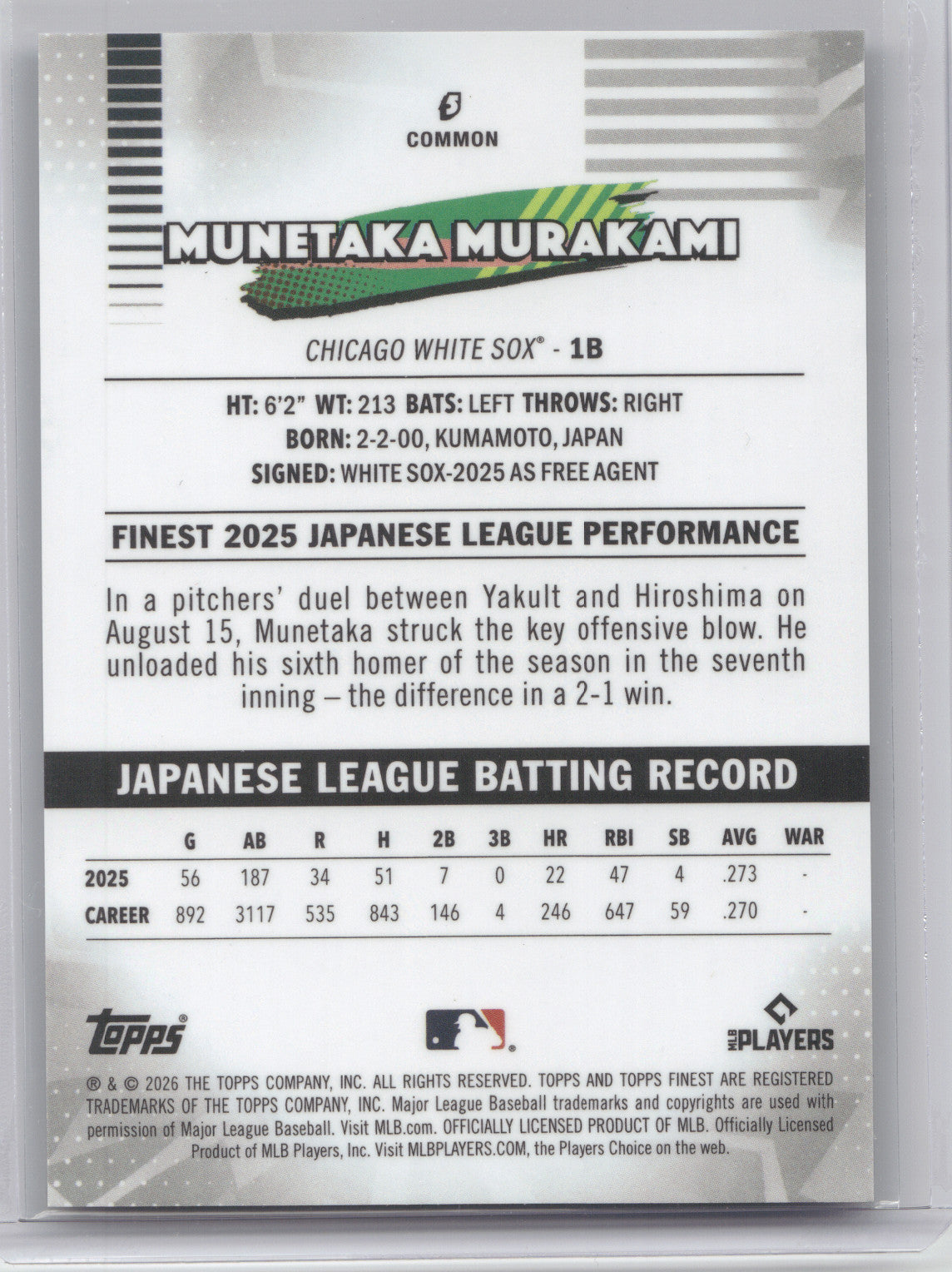 2026 Topps Finest Munetaka Murakami #5 Blue RC 036/150